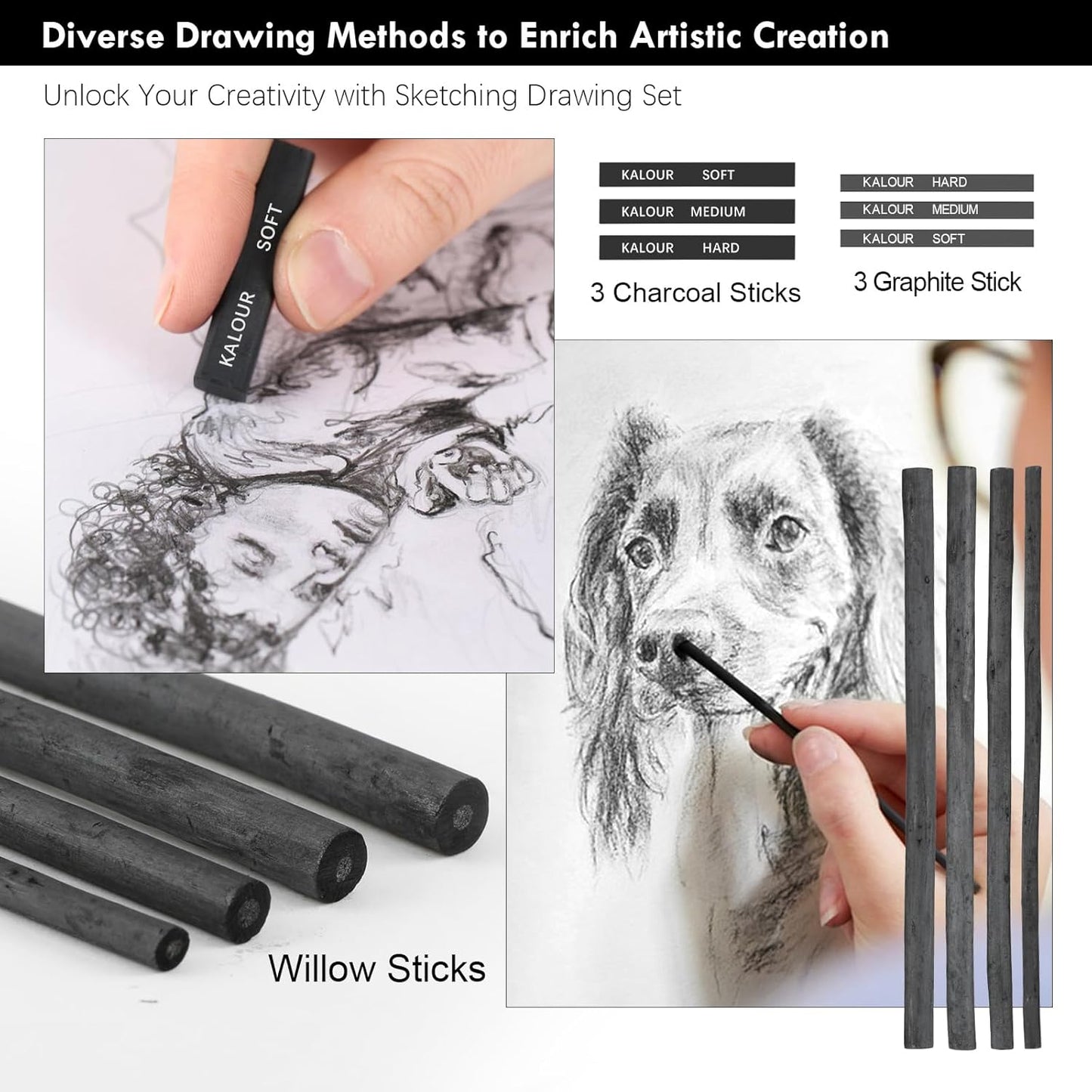 KALOUR PDAS 39pcs Drawing Pencil Set, Professional Sketch Pencils (5H-14B), Black and White Charcoal Pencils for Sketching, Eraser Brush Pen, Charcoal Sticks, Art Pencils Set for Artists & Beginners