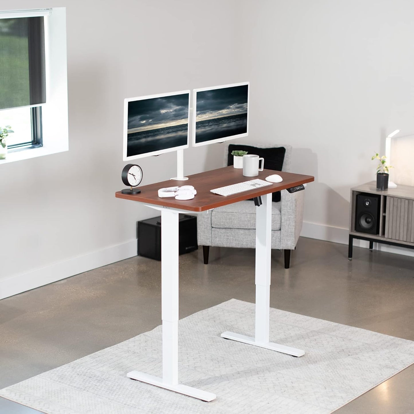 VIVO Electric 43 x 24 in Standing Desk, Memory Height Adjustment, 1B Series, One-Piece Dark Walnut Top, White Frame, DESK-KIT-1W4D