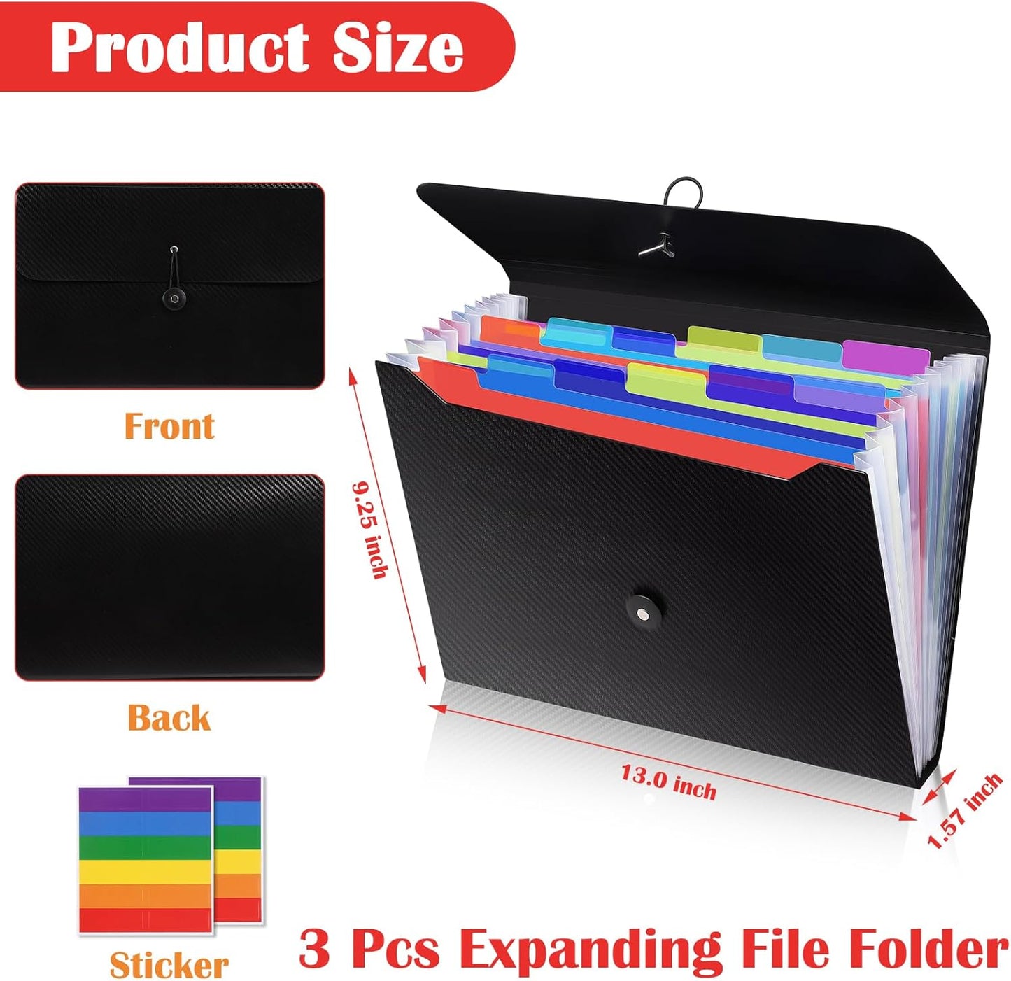 3 Pcs Accordion Folder 13 Pocket Expanding File Folder,Plastic Accordion File Organizer with Labels,Accordian Filing Folder,A4 Letter Size Paper Document Receipt Organizer for Office Home