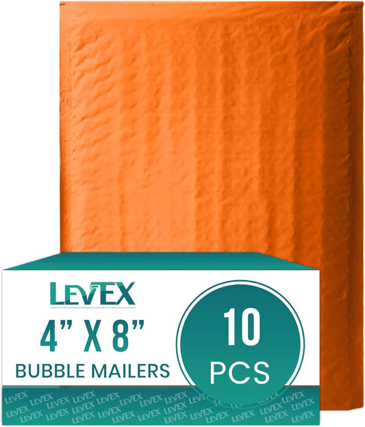 Levex - #000 4" x 8" [10 Pack] Orange Poly Bubble Mailers, Padded Envelope Mailers, Packing Envelope & Mailing Bags for Shipping