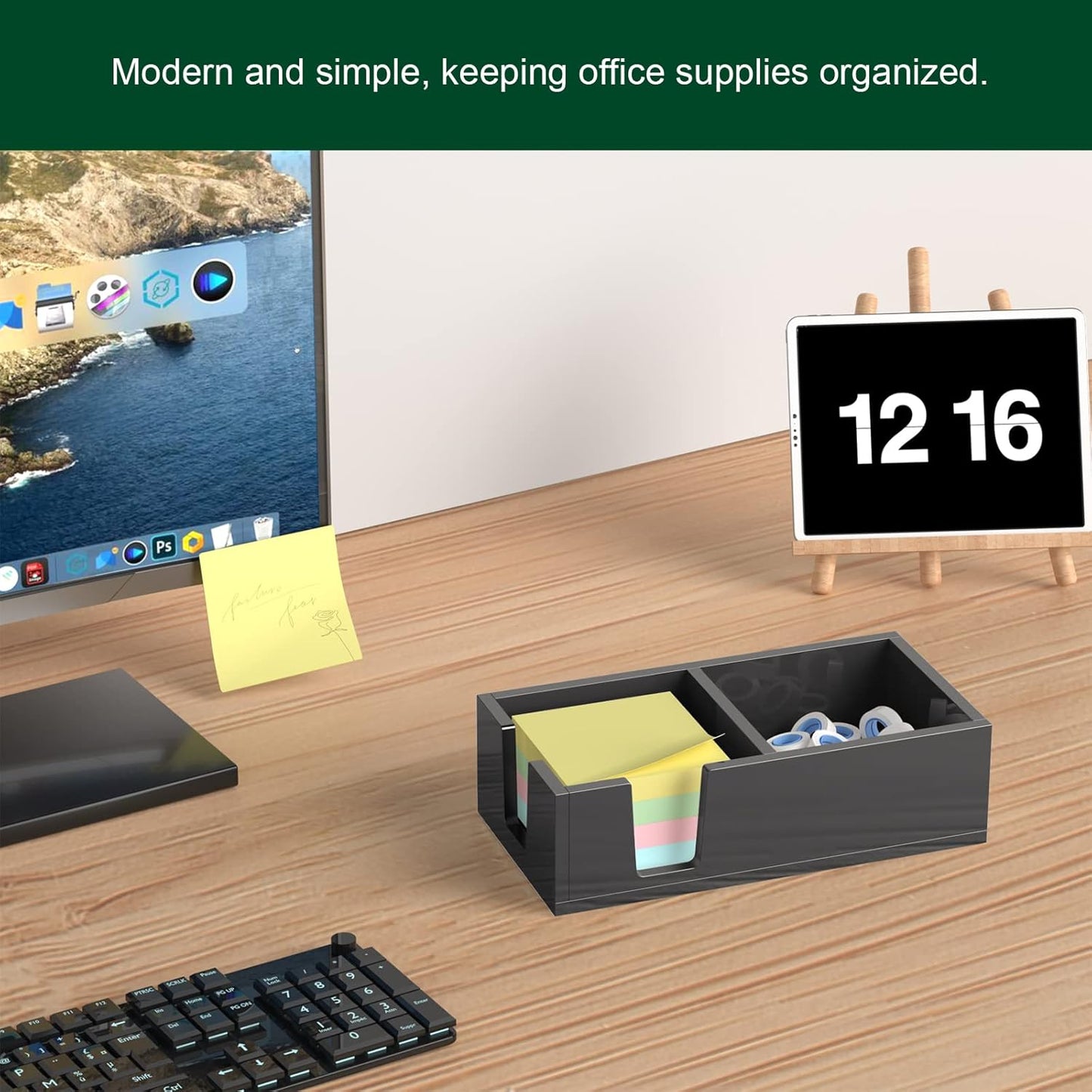 Acrylic Sticky Note Holder, Self-Stick Note Pad Holder W/O Pads - Note Dispenser Memo Pad Holder Desk Organizer for School Office Home (3''x3'' 2IN1 Black)