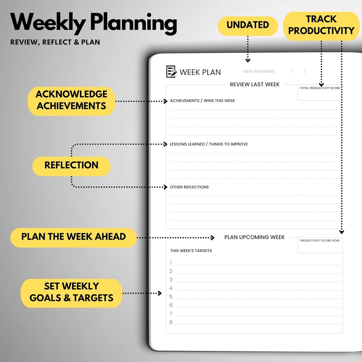 Undated Daily Planner – 6-Month A5 Productivity Organizer with Full Page Per Day, Hourly Schedule, Goal Setting, Habit Tracker, Weekly & Monthly Pages – Hardcover Time Management Notebook (Gray)