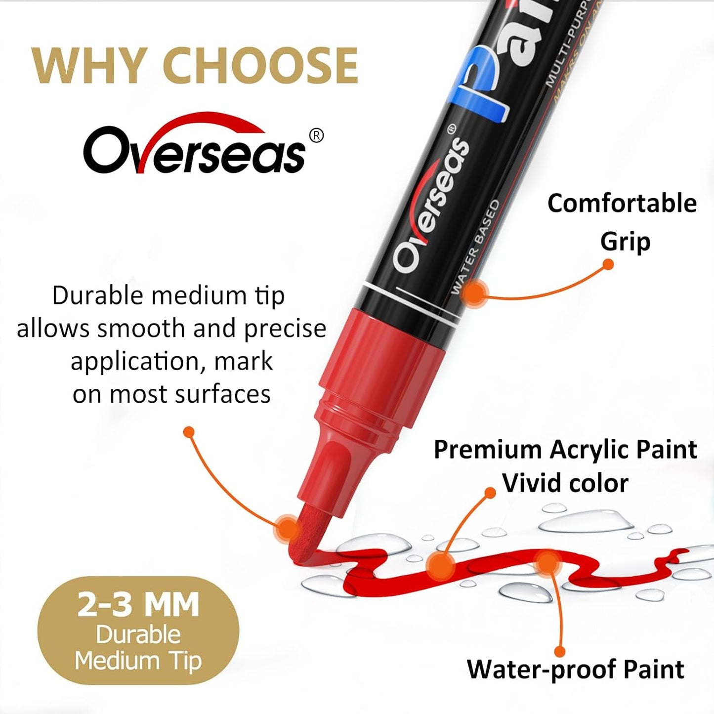 Overseas Gold Paint Pens - Permanent Acrylic Paint Markers 12 Pack, Water-Based, Quick Dry, Waterproof Marker Pen for Rock, Wood, Plastic, Metal, Canvas, Glass, Fabric, Card, Mugs. Medium Tip
