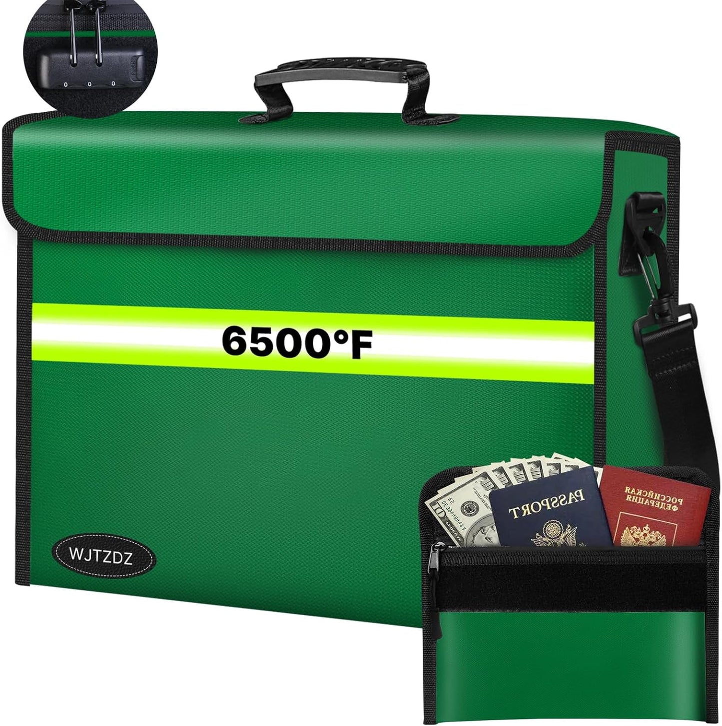 Large Fireproof Money Bags with Lock-6500°F Fireproof Document Box,10 Layers Insulation Materials&Waterproof Zipper,Removable Folder Layers/Wallet,Reflective Strip for Valuables(16.5”x 12.4”x 5.5”)
