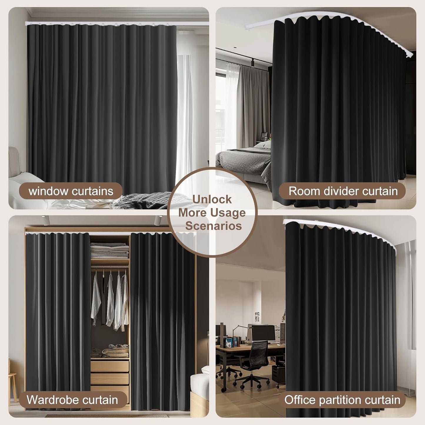 Room Divider Curtains & Flexible Bendable Tracks Set,Privacy Dividers Ceiling Track Curtain Window Blackout Curtains for Living Room Bedroom (W10 × H7 FT 1 Panel Black Drape & White Rail)