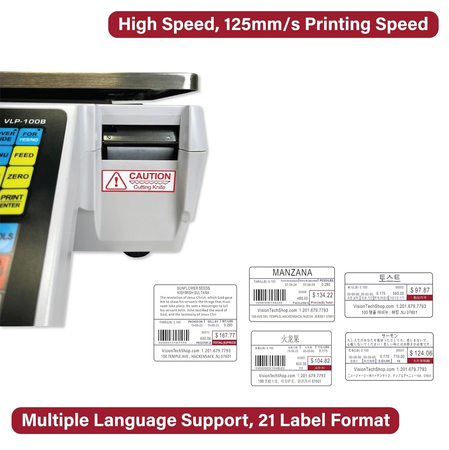 VisionTechShop VLP-100B Label Printing Scale, Capacity 30/60lb Readability 0.01/0.02lb, NTEP Legal for Trade, (Korean Option)