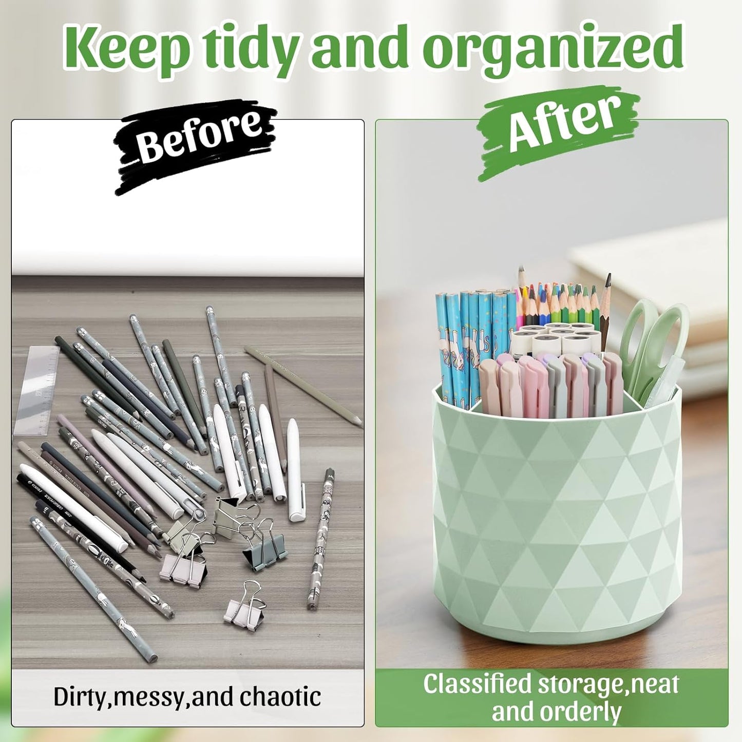 Desk Organizer,Sparkling Diamond-like Pen Holder for Desk 360°Rotating Office Accessories,Pencil Cup with 5 Compartments Storage Box Caddy for Office,School,Home,Art Supply(Green)