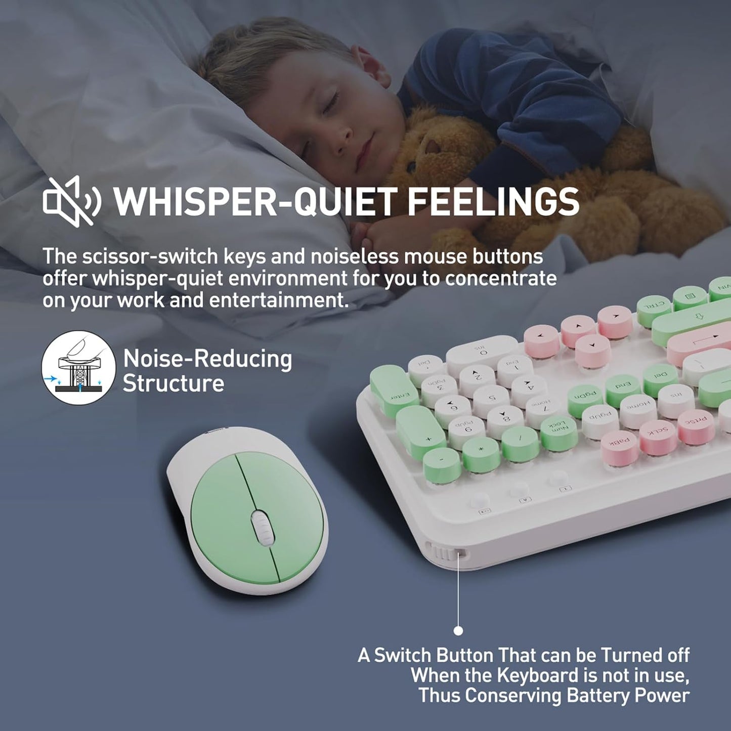 FOPETT 2.4GHz Wireless Keyboard and Mouse Set with Switch Button - Full-Size Keyboard - Compatible for Windows/Laptop/PC/Notebook/Smart TV and More - White Green