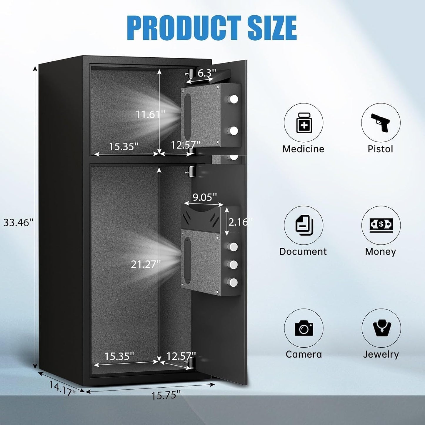 7.0 Cu ft Large Safe Box Fireproof Waterproof,with LED Light fire proof safe for home documents,Fingerprint password personal Safes with Deposit Slot & Dual Alarm System，Security Box fo Valuables