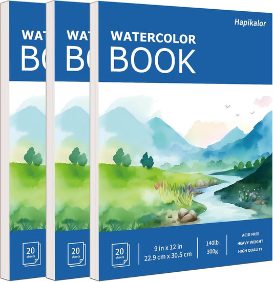 Hapikalor School Supplies for Teens, 3-Pack 9"x12" Watercolor Paper Pad, 140lb/300gsm, Premium Water Color Pad for Paint, Watercolor Pencils, Watercolor Pens, Charcoal, Oil Pastels and Acrylic, Blue