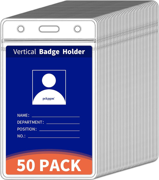 50 Pack Vertical ID Badge Holder, Clear Plastic Work Key Card Sleeve, Name Tag Holders Cover Protector with Waterproof Resealable Zip Type for Nurses Lanyard, Fits Credit Size Cards
