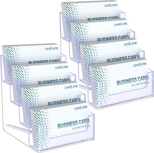 Uniclife 2 Pack Acrylic Business Card Holder for Desk 4 Slots Clear Business Card Display Stand for Men & Women Desktop Business Card Organizer Card Stand for Office Home Exhibition, 240 Card Capacity