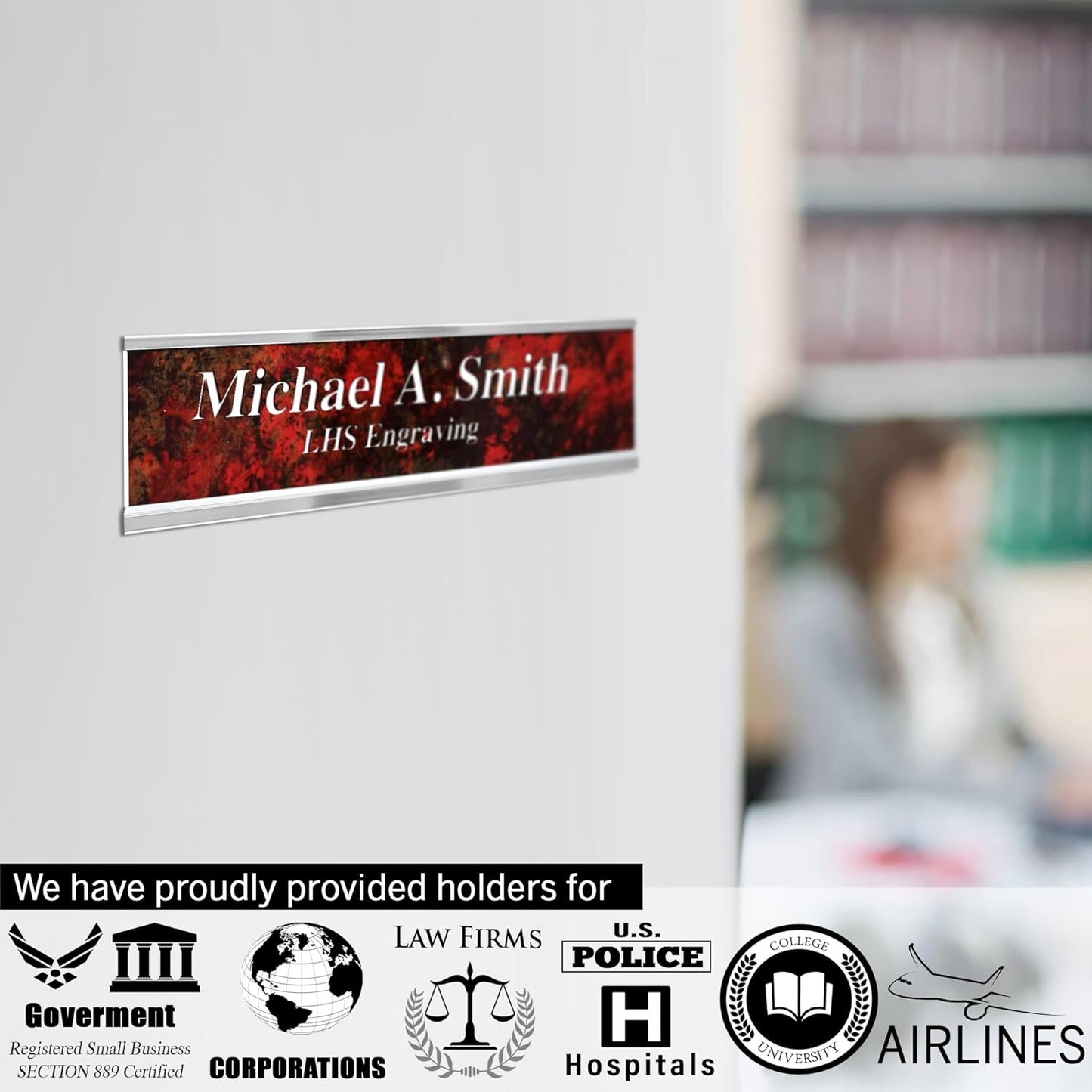Engraved Door Signs for Office Personalized Blue Plastic Door Plaque with Yellow Letters - Made in USA 2x8 B20