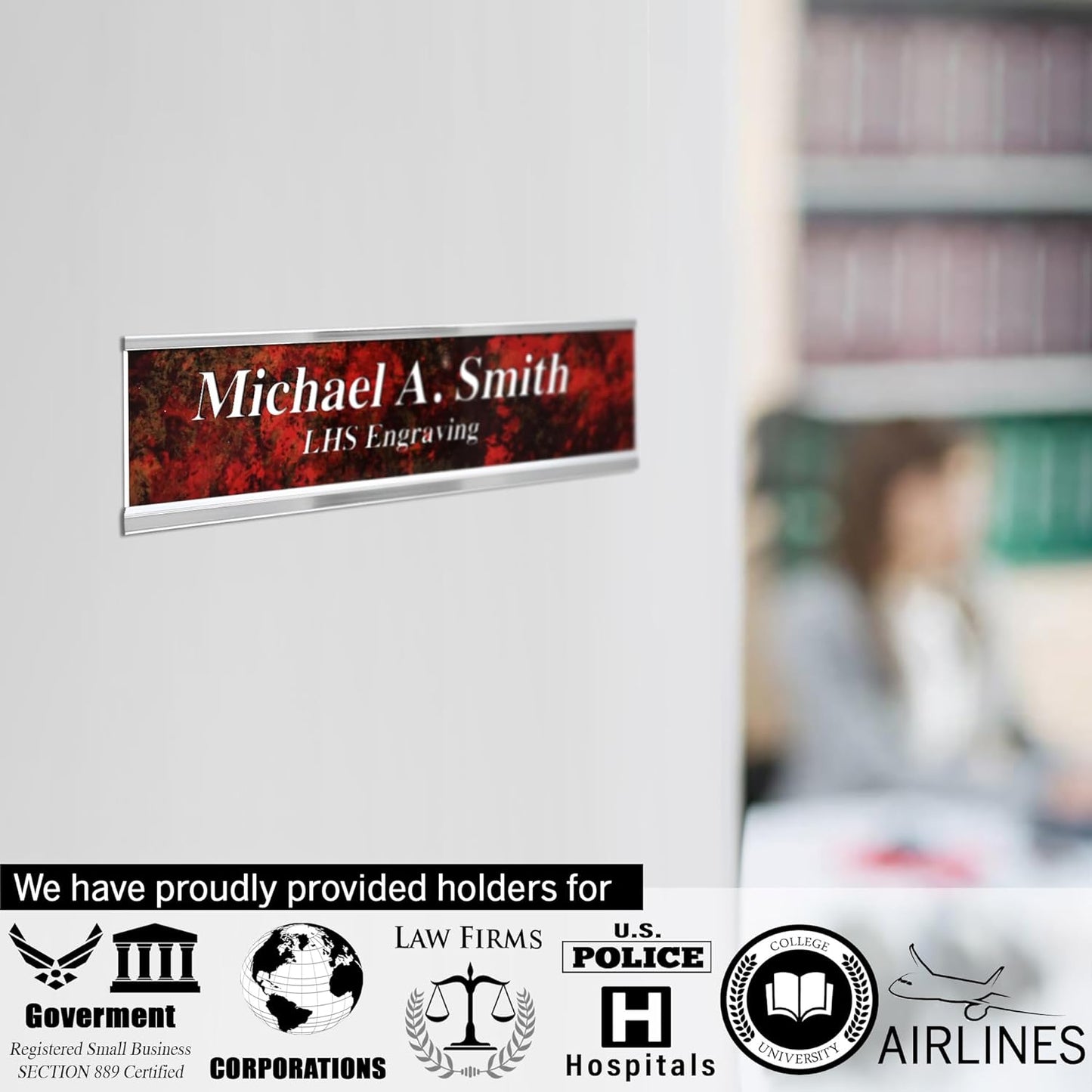 Door Name Plate Personalized for Office Stone Granite Plastic Name Plate Black Letters - Made in USA 2x12 S3