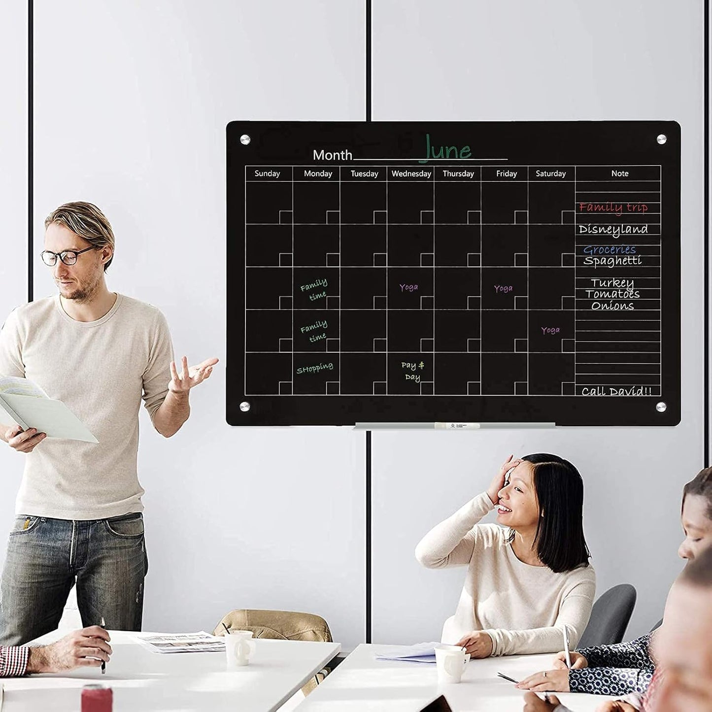 J&J worldwide Magnetic Whiteboard Calendar, 47 x 35 Black Glass Wall Calendar Dry Erase Board Monthly Planner for Home, School, Office, Frameless, with Markers, Marker Tray, Eraser, Magnets