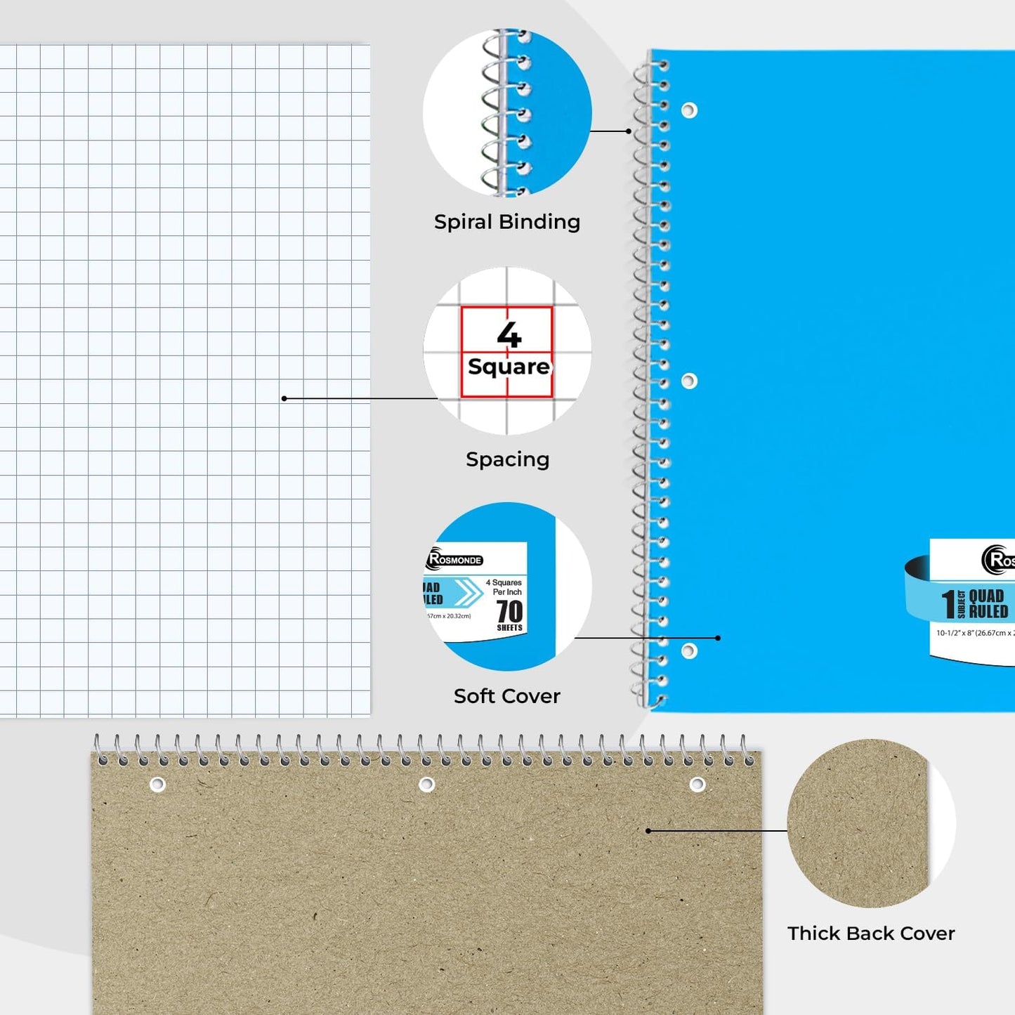 1 Subject Graph Paper Spiral Notebook, 12 Pack, 70 Sheets (140 Pages), 8 x 10-1/2" Bulk 4x4 Spiral Bound Grid Notebooks, 3 Hole Punched Single Subject Quad Ruled Spiral Notebooks for School