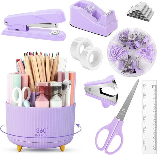 SKYDUE Purple Office Supplies Set, Purple Office Desk Accessories 10PCS, Pencil Holder for Desk, Stapler, Tape Dispenser, Scissors, Ruler, Binder/Paper Clips and 1000pcs Staples,Desk Supplies Set