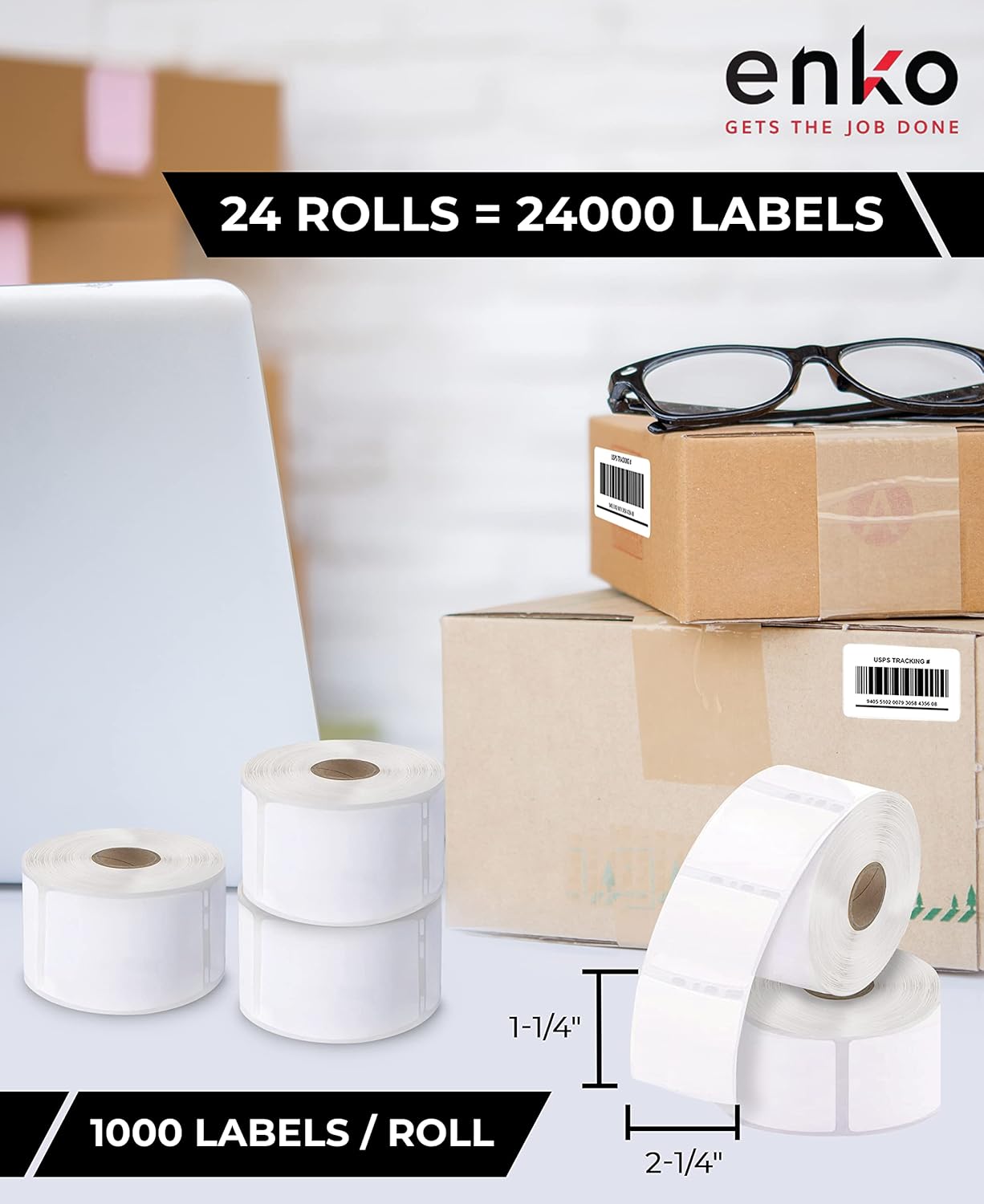 enKo (24 Rolls / 24000 Labels) 30334 Dymo Compatible Multipurpose Barcode (1-1/4" x 2-1/4")