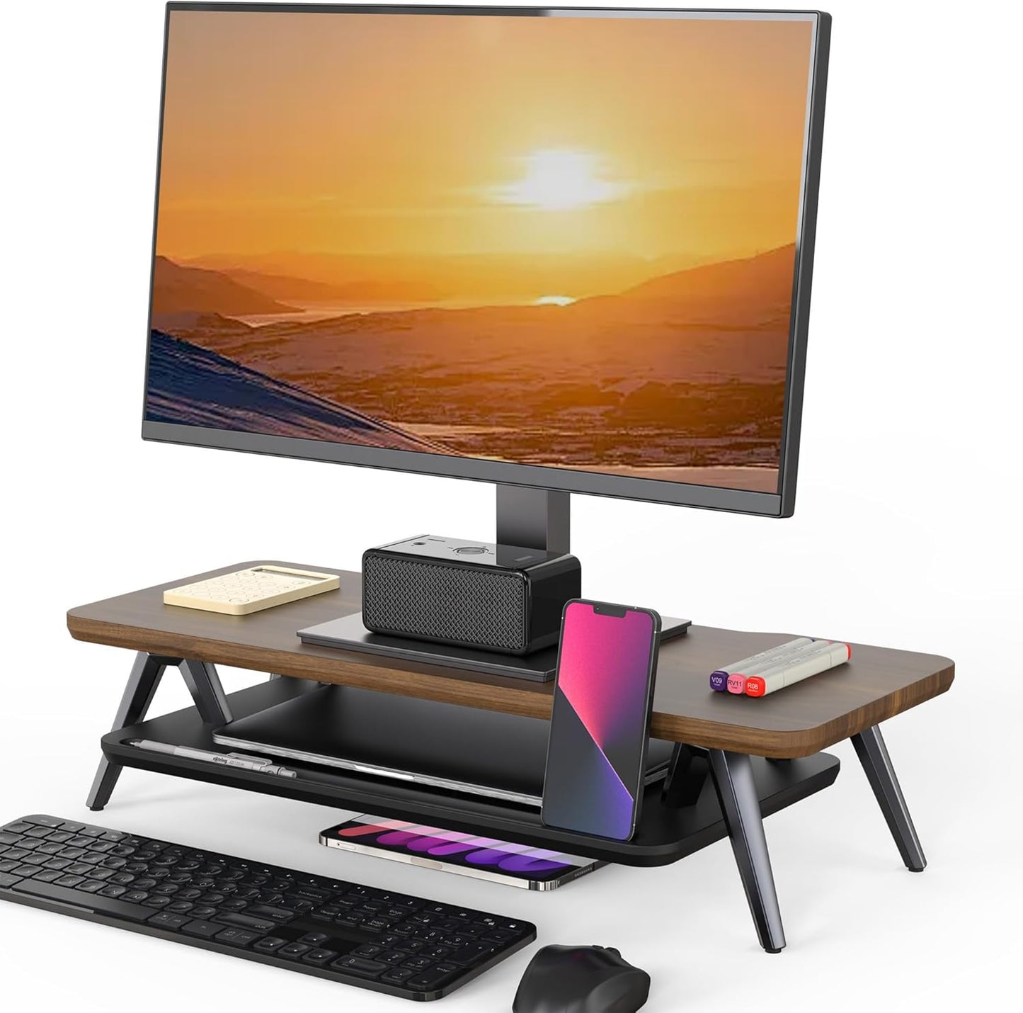 Fenge Monitor Stand, Monitor Stands Riser for Desk, 23.6 Inch Wood Desk Shelf with Storage Organizer and Cable Management for Office Desk Accessories