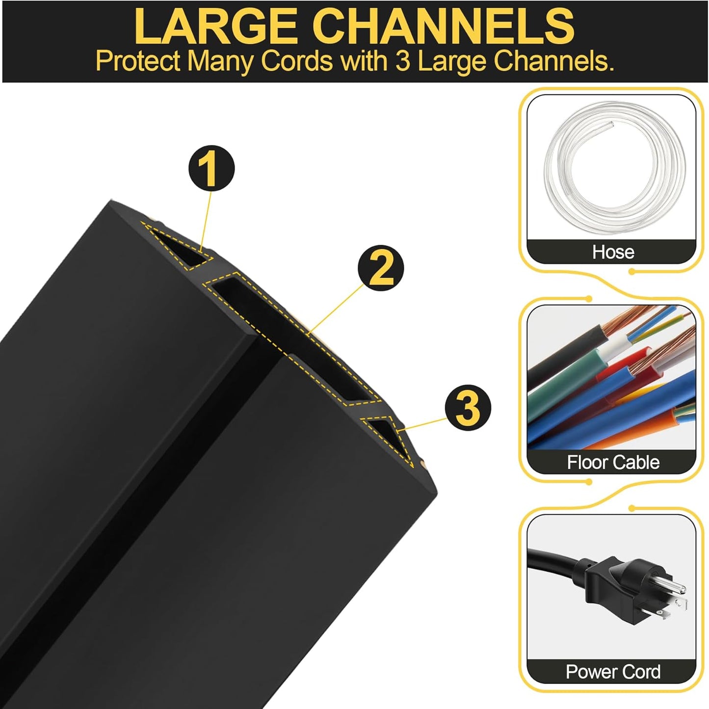 MYFAMIREA 4FT Floor Cord Cover Heavy Duty Cable Cover Protector with 3 Channels Extension PVC Floor Wire Cover Outdoor Cord Hider Management Cord Cover for Wire on Floor for Home Office Outdoor