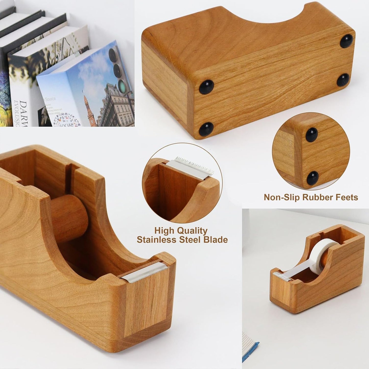 Buqoo Cherry Wood Desk Organizer Set, Tape Dispenser, Sticky Note Holder, Pen Cup - Compact Office Storage for School Home Office Decor