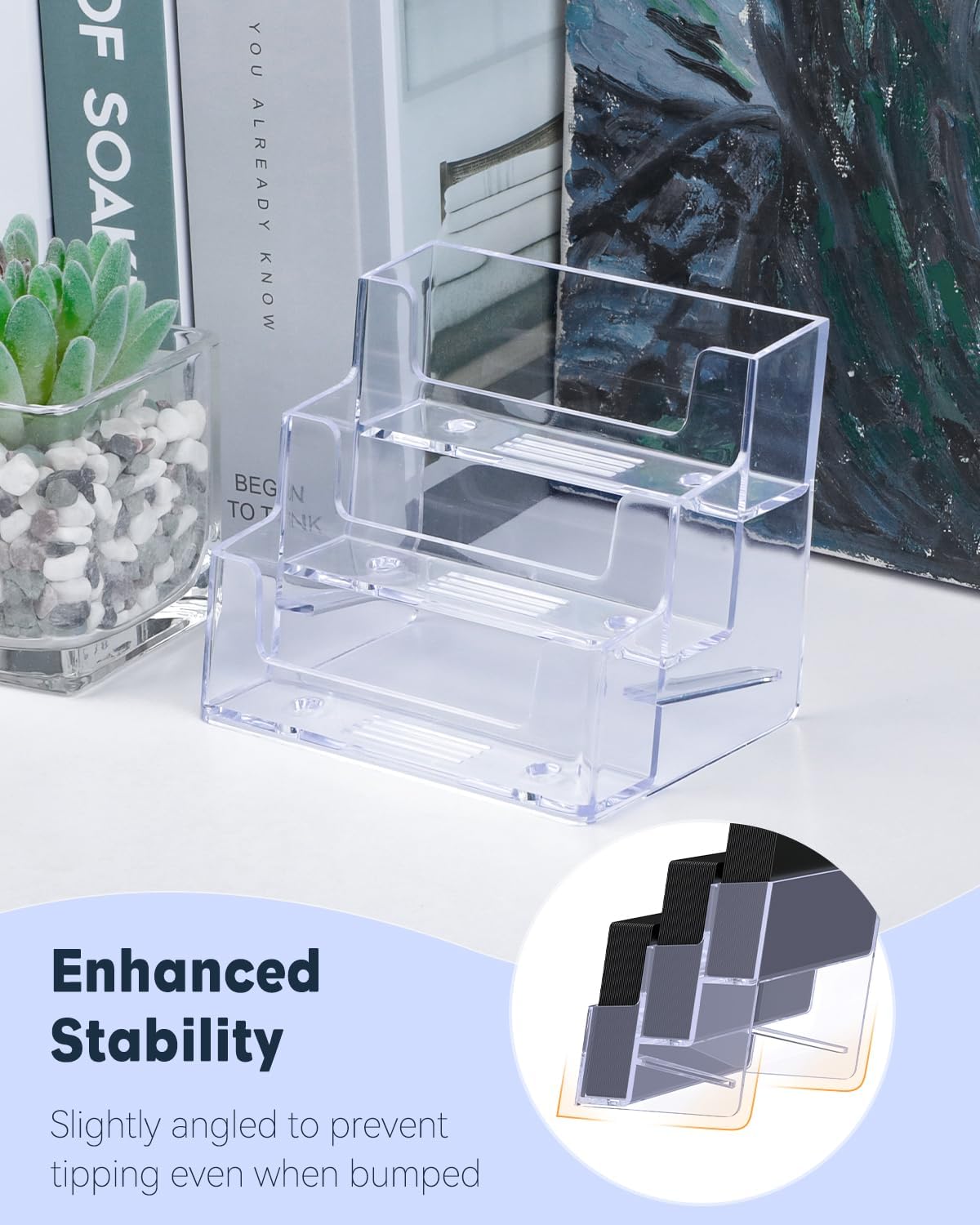 Uniclife Acrylic Business Card Holder for Desk 3 Slots Clear Business Card Display Stand for Men & Women Desktop Business Card Organizer Card Stand for Office Home Exhibition, 180 Card Capacity