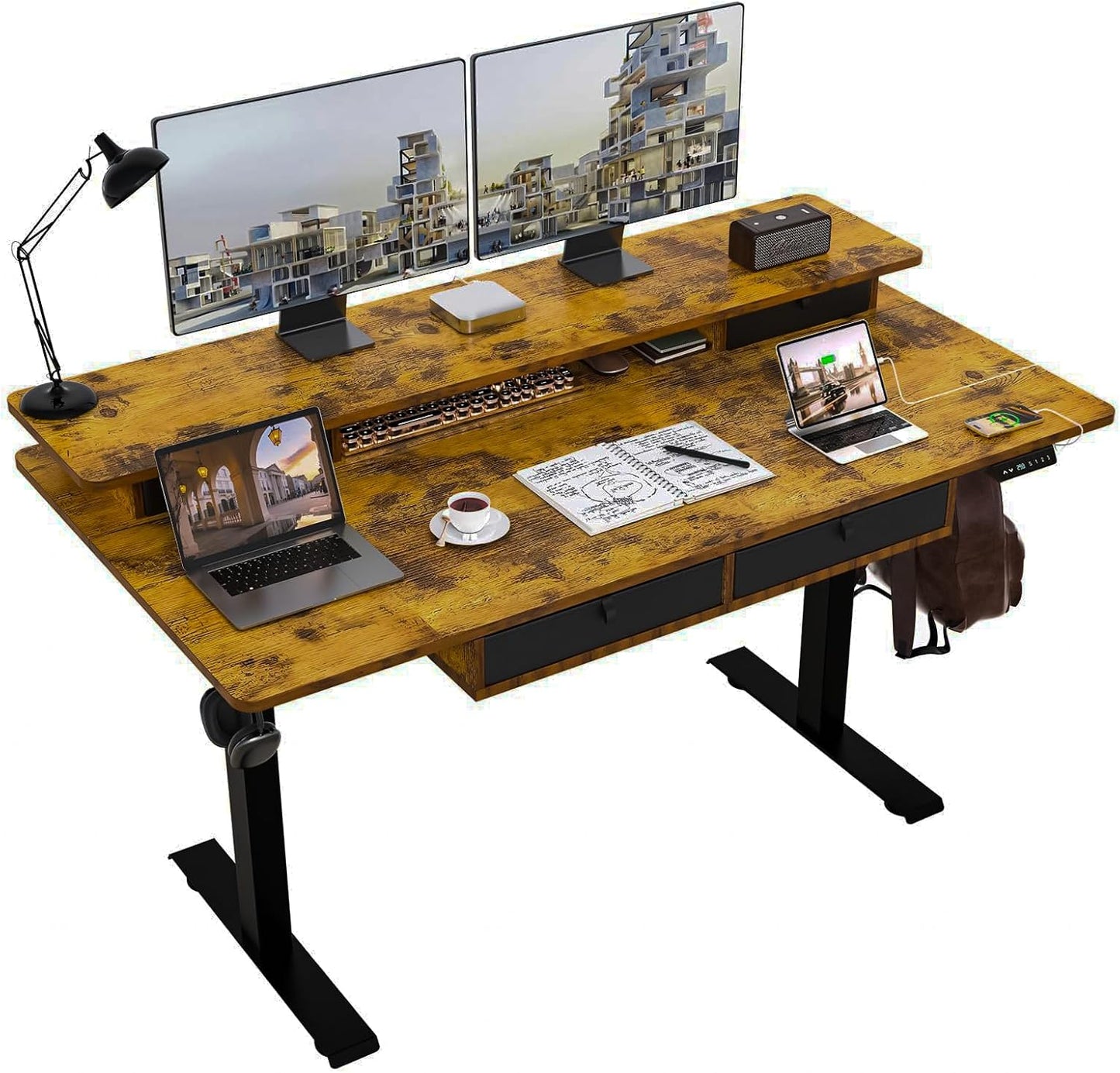 Electric Standing Desk, 63 * 30 Inches Adjustable Height with 4 Drawers, Double Storage Shelves Stand Up Desk, Home Office Workstation Sit Stand up Desk (Rustic Brown)