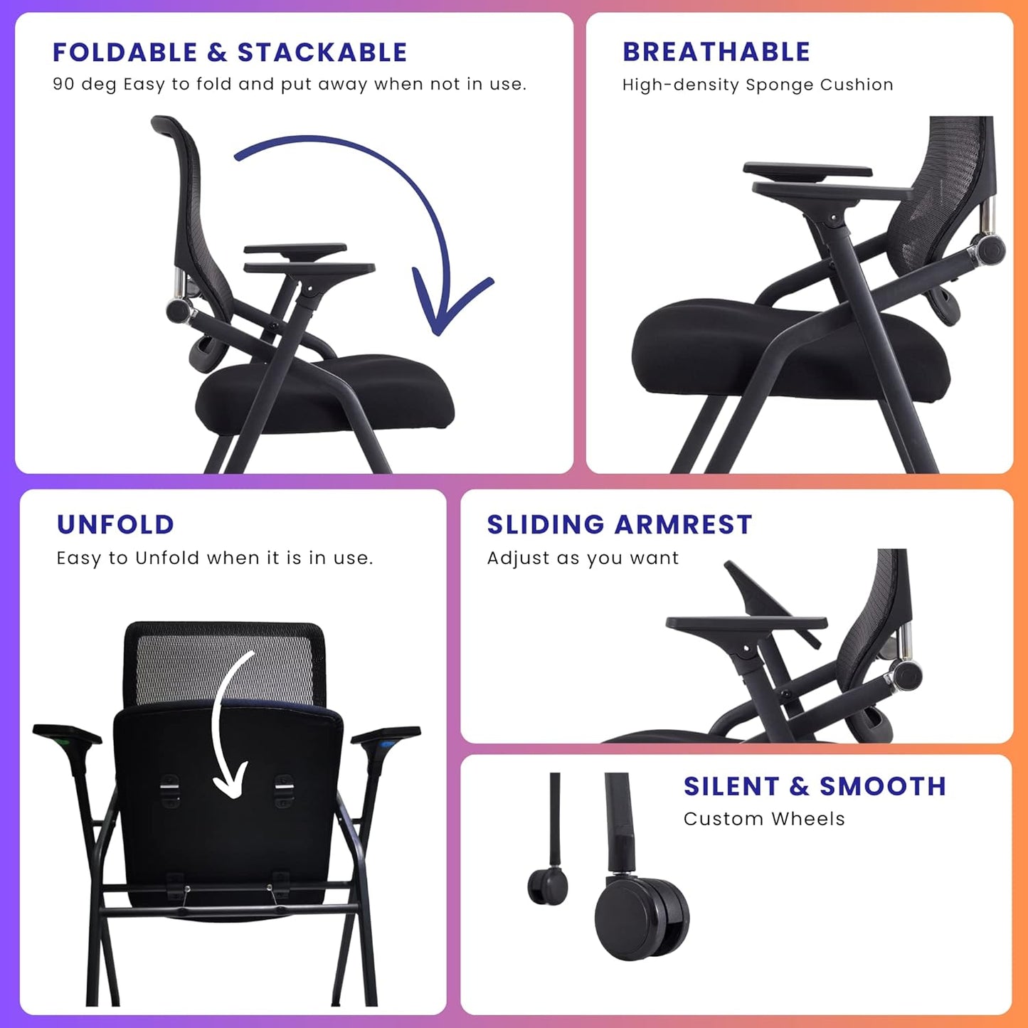 4 Pack Stackable & Foldable Conference Room Chairs with Lumbar Support, Armrest - Ergonomic Mesh Bouncing Back for Office Meeting, Conference, Reception and Training Room Chair