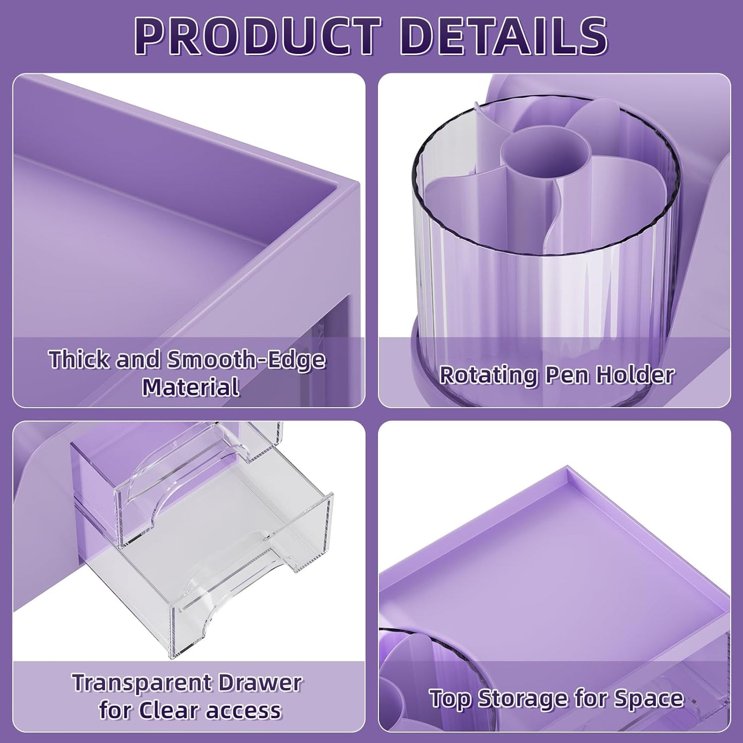 Marbrasse Desk Organizer with 2 Drawer, 360°Rotating Pen Holder, Desk Organizers and Accessories with 6 Slots Pencil Holder + 2 Drawer, Art Supply Storage Box Caddy for Office (Purple)