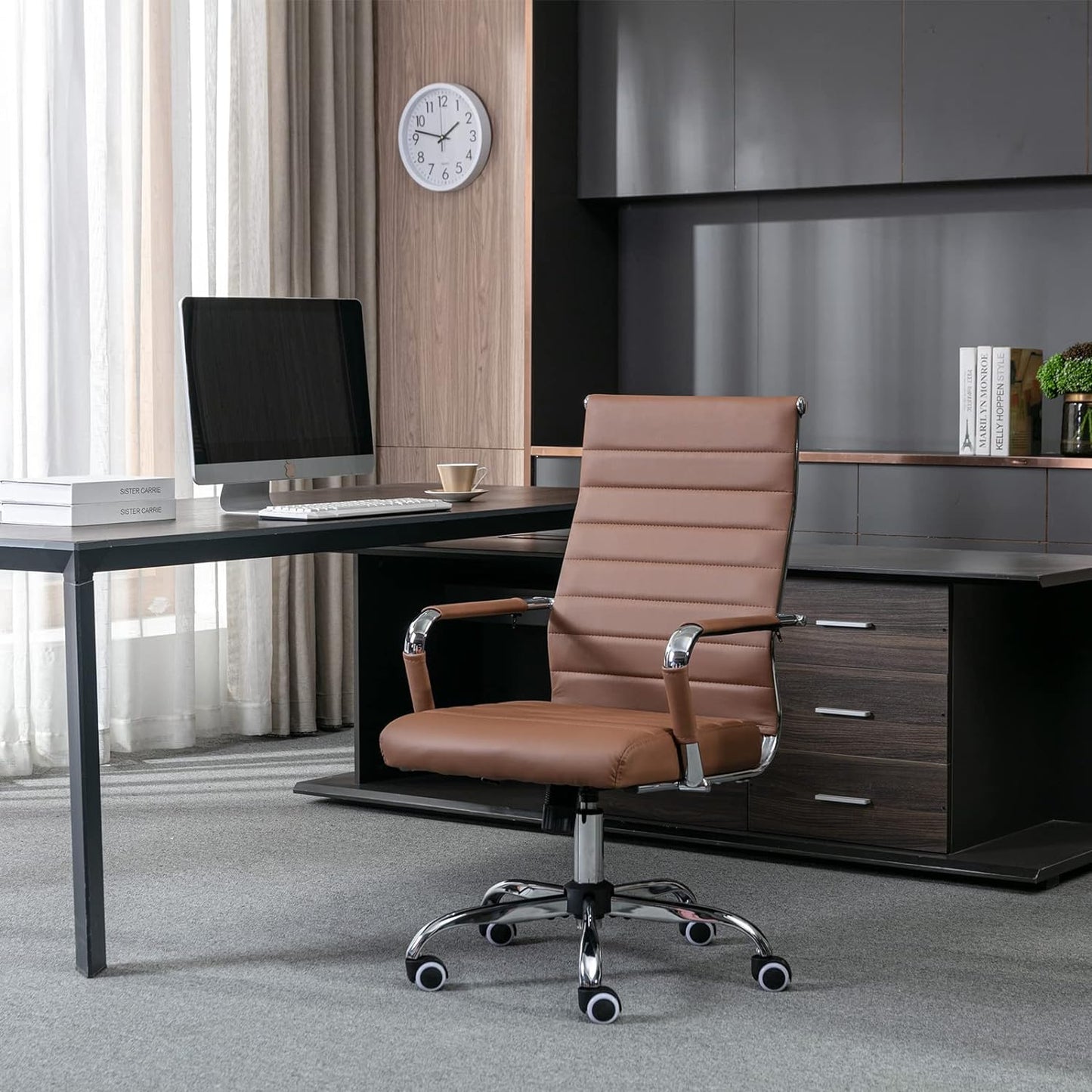 Home Office Chair Ribbed, Modern Leather Conference Room Chairs, High Back Executive Computer Chair, Ergonomic Office Desk Chair, Adjustable Swivel Chair with Arms (Brown)