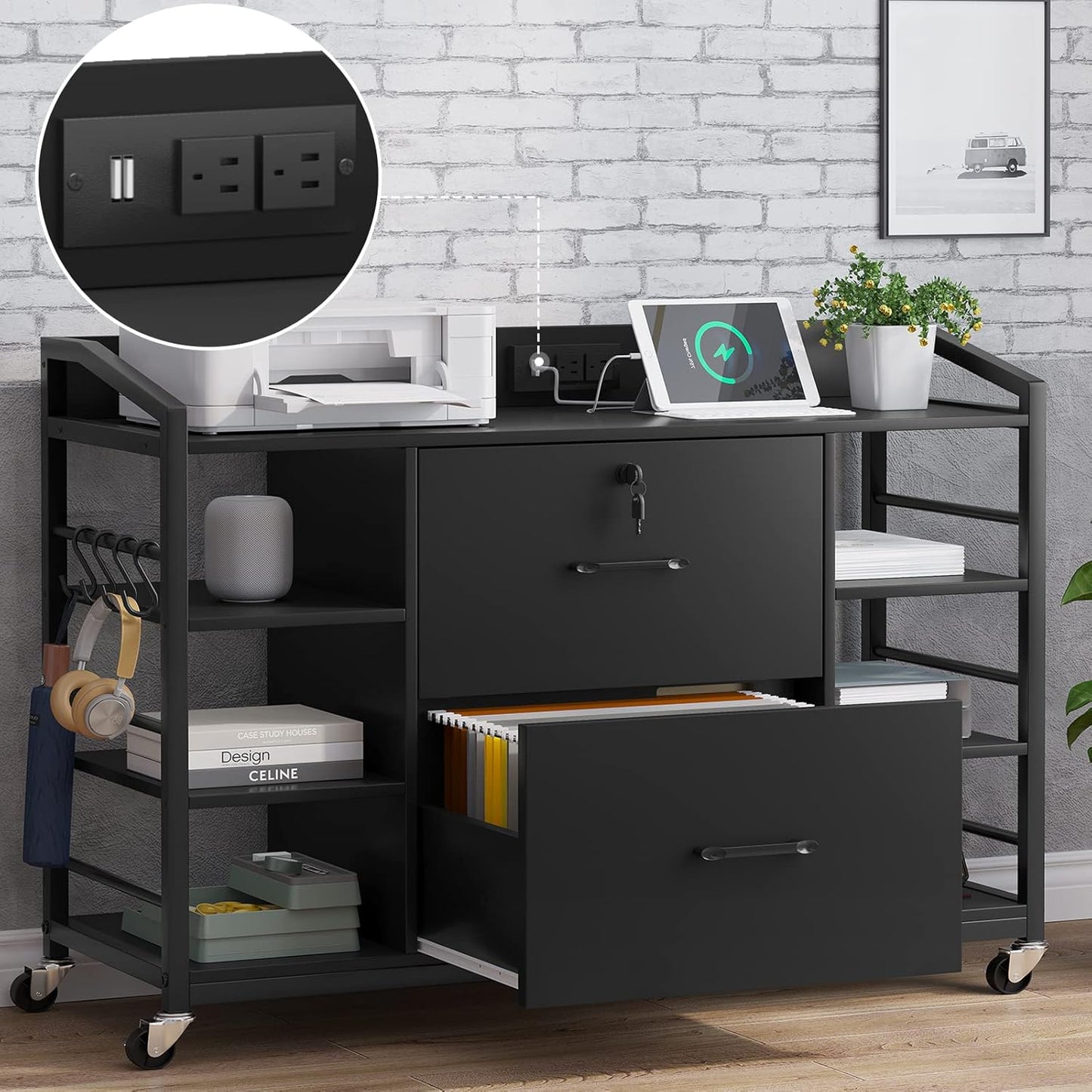 SEDETA 44" File Cabinet, Filing Cabinets fits Legal, Letter, A4 Size, 2 Drawer Office File Cabinet for Home Office with Lock, Power Strip, 6 Adjustable Shelves & 4 Hooks, Black