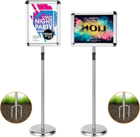 2 Pack Sign Holder Stand 8.5 x 11, With 3-Prong-Base & Round Base, Poster Stand Aluminum Snap Open Frame for A4 Size Outdoor Indoor Sign Stand, Height Adjustable-Silver