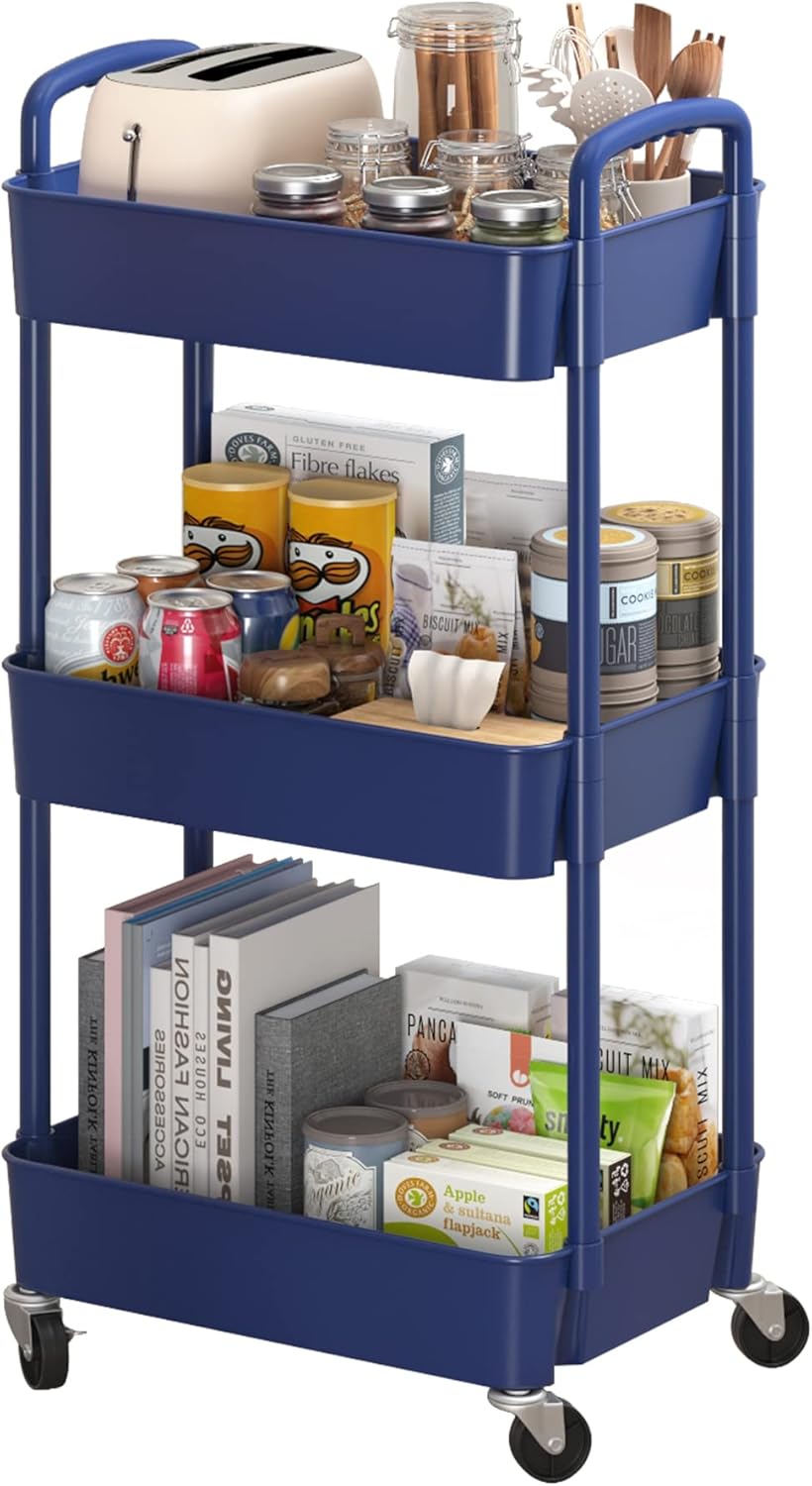 Sywhitta 3-Tier Plastic Rolling Utility Cart with Handle, Multi-Functional Storage Trolley for Office, Living Room, Kitchen, Movable Storage Organizer with Wheels, Blue
