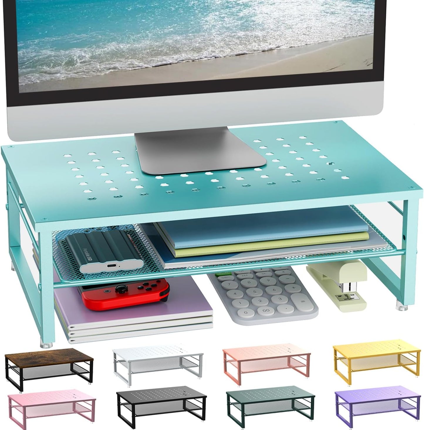 gianotter 2-Tier Metal Monitor Stand Riser, Desk Organizer for Monitor, Office Desk Storage Organizer for Office Supplies (Blue)