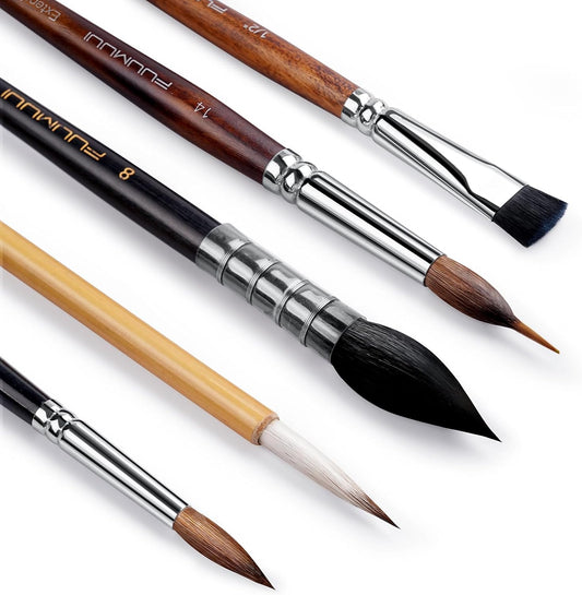 Watercolor Paint Brushes, 5pcs Fuumuui Professional Sable Brush, Wool & Synthetic Squirrel Brushes Set with Extended Needle, Round Point, Flat, Quill Wash Perfect for Watercolor Acrylic Gouache Inks