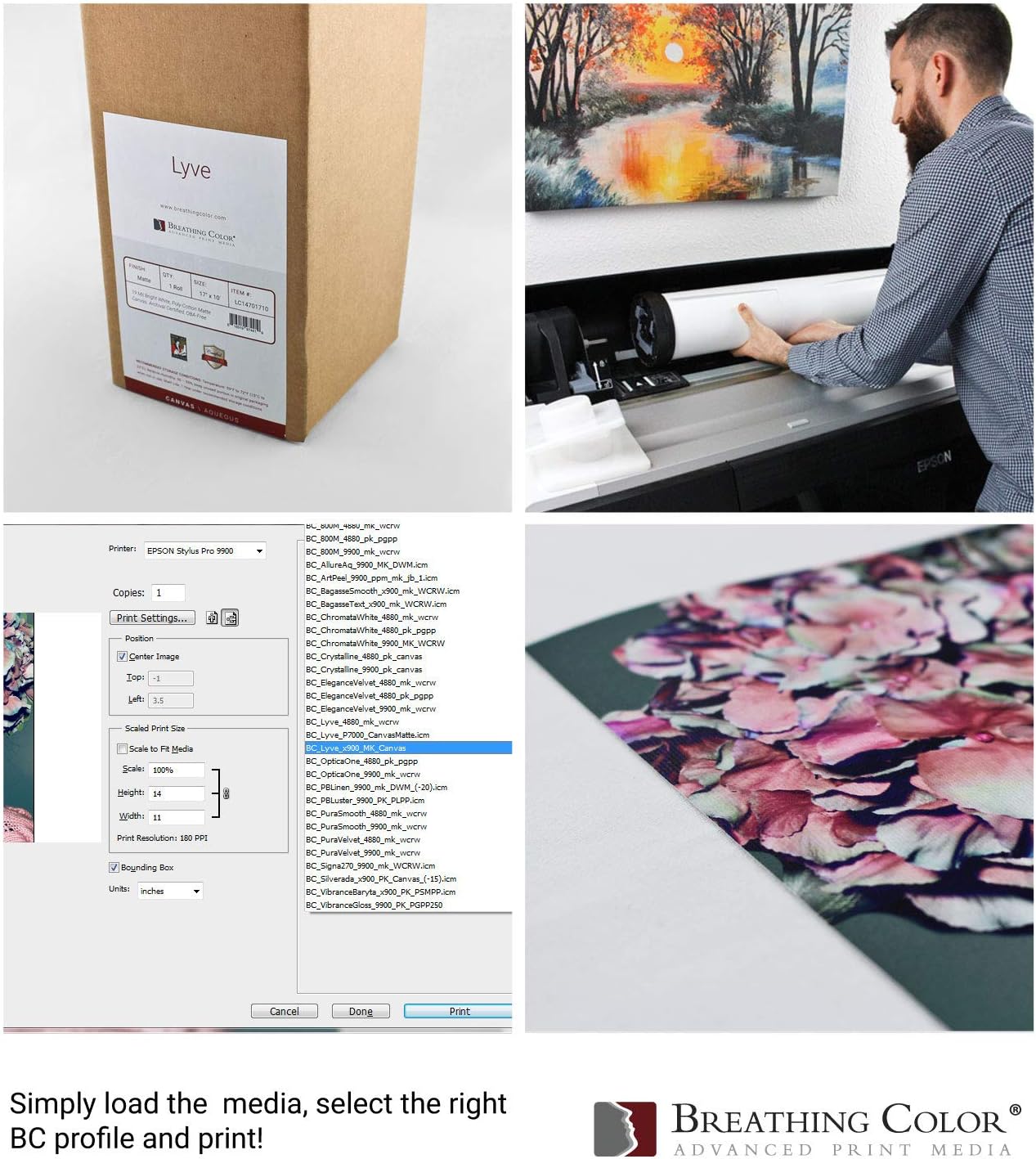 Premium Lyve Matte Canvas Paper Perfect For Use on Professional Makes and Models of Epson, Canon and HP printers preferred by Professionals. 19 mil textured Canvas offered in a 42 inch by 40 ft roll