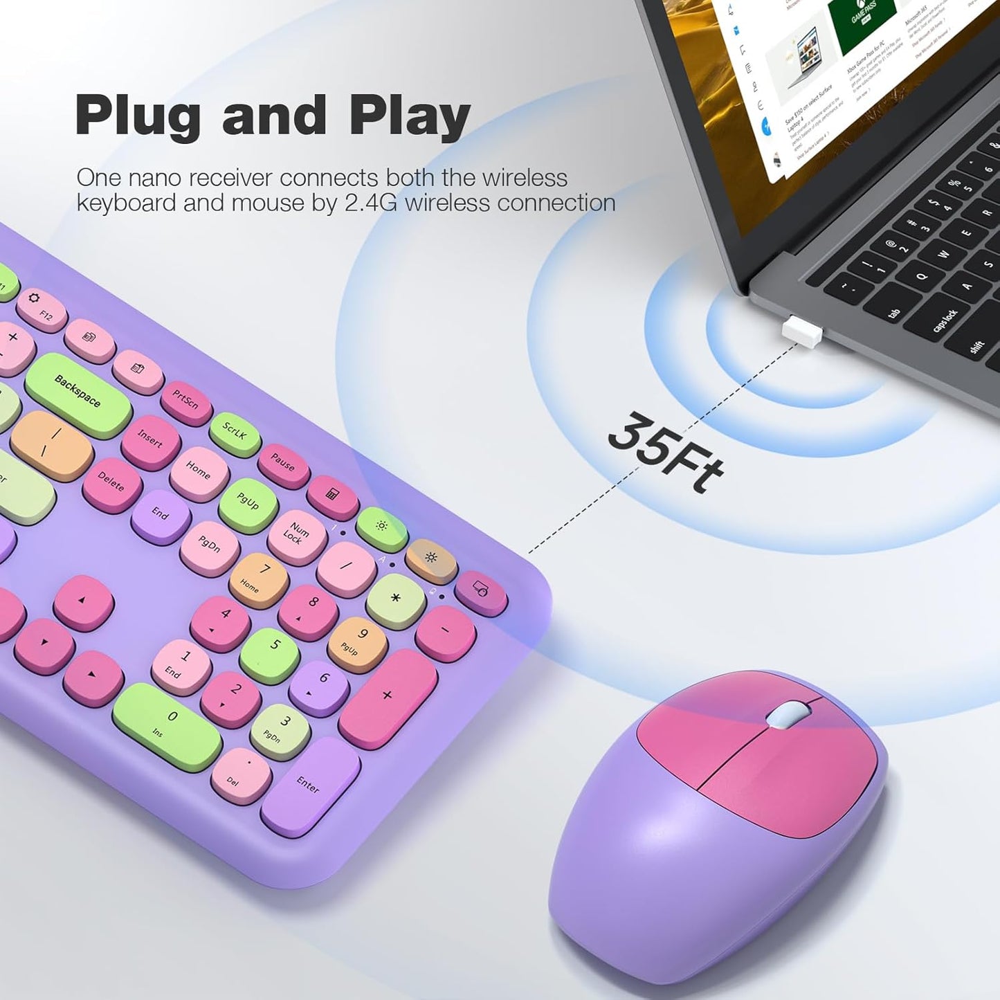 MOFII Wireless Keyboard and Mouse Combo, 2.4G Silent Cordless Slim Full Size Keyboard and Ergonomic Mice Set for Laptop, Desktop, MacBook, PC - Purple Colorful