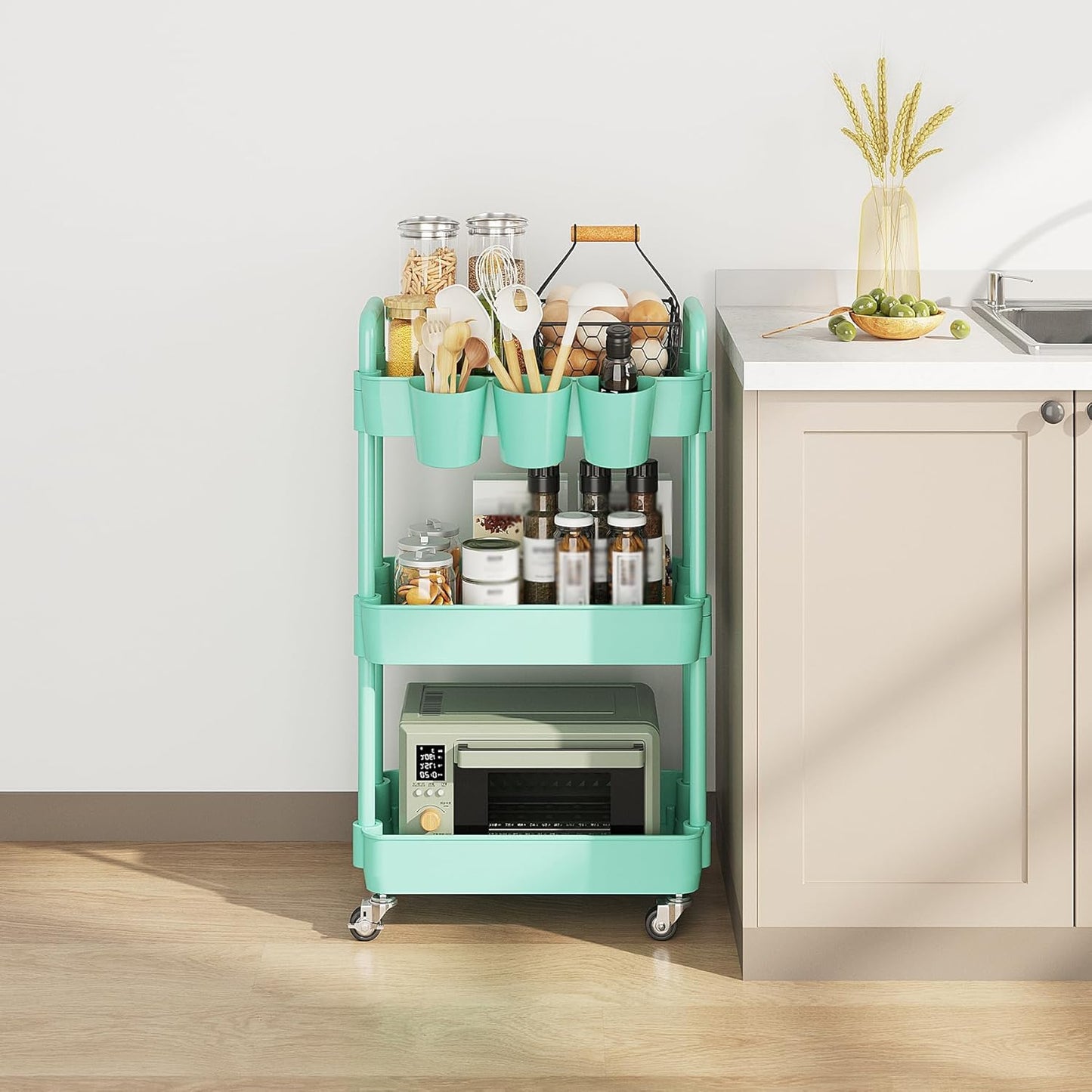 UDEAR 3-Tier Rolling Utility Cart,Multifunctional Storage Shelves with Handle and Lockable Wheels for Room,Office,Kitchen,Bathroom,with 3 Hanging Cups,Green