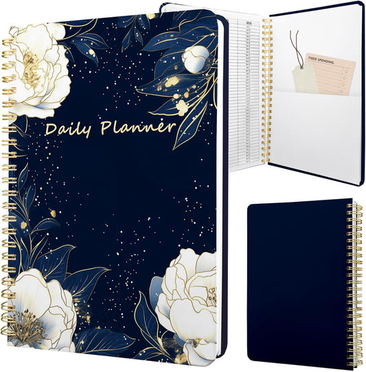 Undated Daily Planner - Spiral Notebook 80 Days One Day Per Page, Hourly Schedule, To-Do List, Notes, Everyday Planning Task, A5 Hardcover Journal Organizer Book Women Cute Aesthetic, Flower