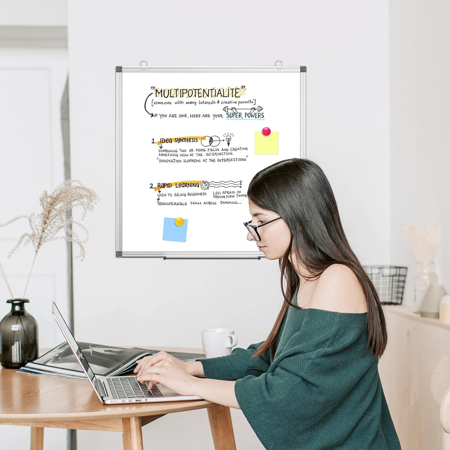 WALGLASS Double-Sided White Board, 24" x 24" Dry Erase Board Magnetic Whiteboard for Wall, Hanging Mounted Whiteboard Silver Aluminium Frame for Home, School, Office, Kitchen