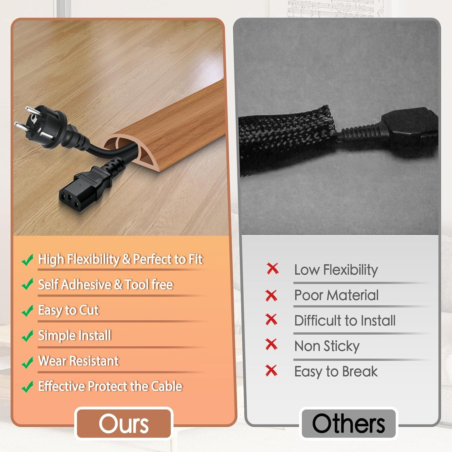 Floor Cord Cover for Wires on Floor Self Adhesive Cord Hider Floor Cable Management Wire Covers for Cords Protector Prevent Cable Trips Cord Cavity W 0.51" x H 0.31", Brown Wood, 3.3Ft