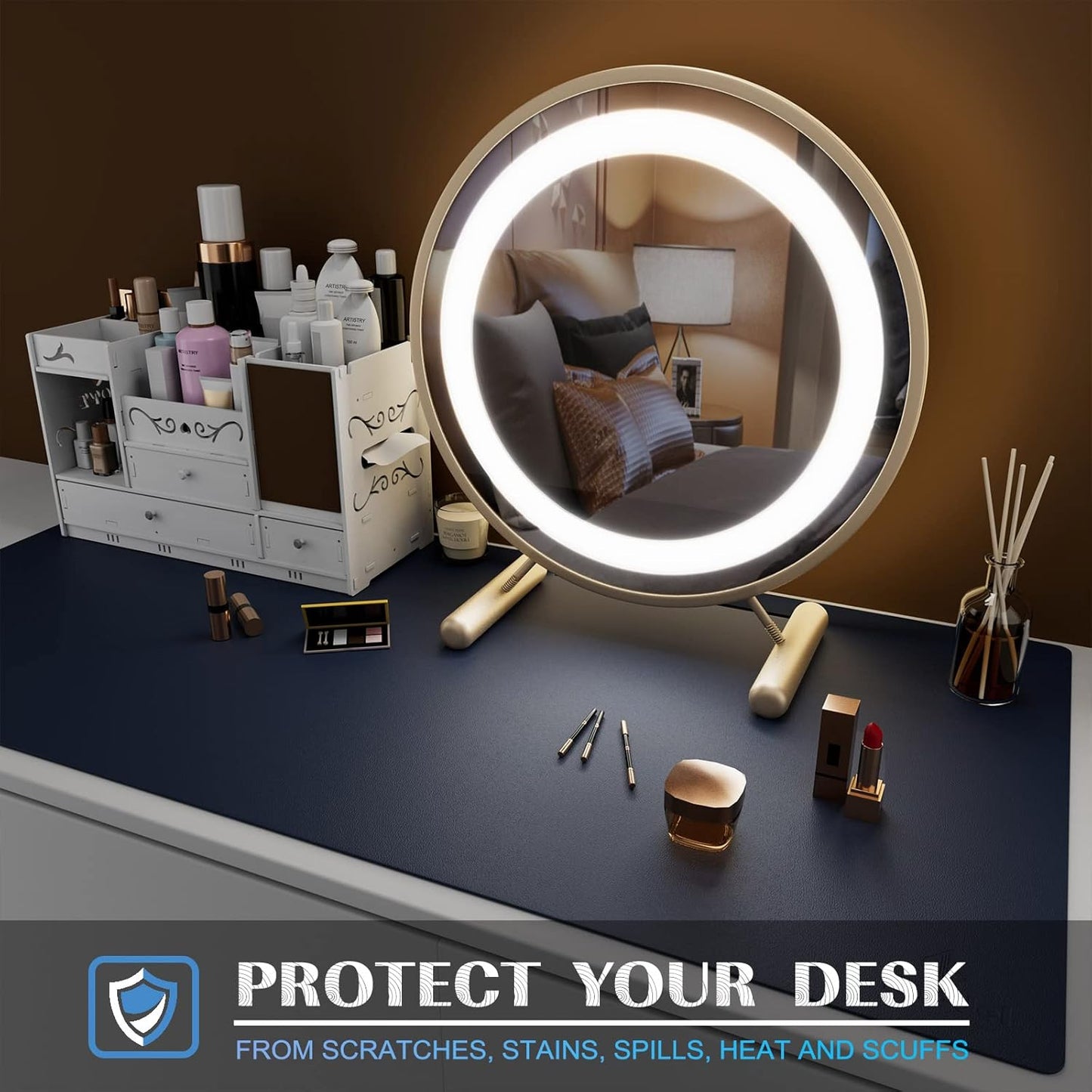 K KNODEL Small Office Leather Desk Mat, Mouse and Keyboard Pad, Computer and Laptop Mat, Desktop Protector and Cover, Writing Pad and Blotter (23.6"x13.8", Dark Blue)
