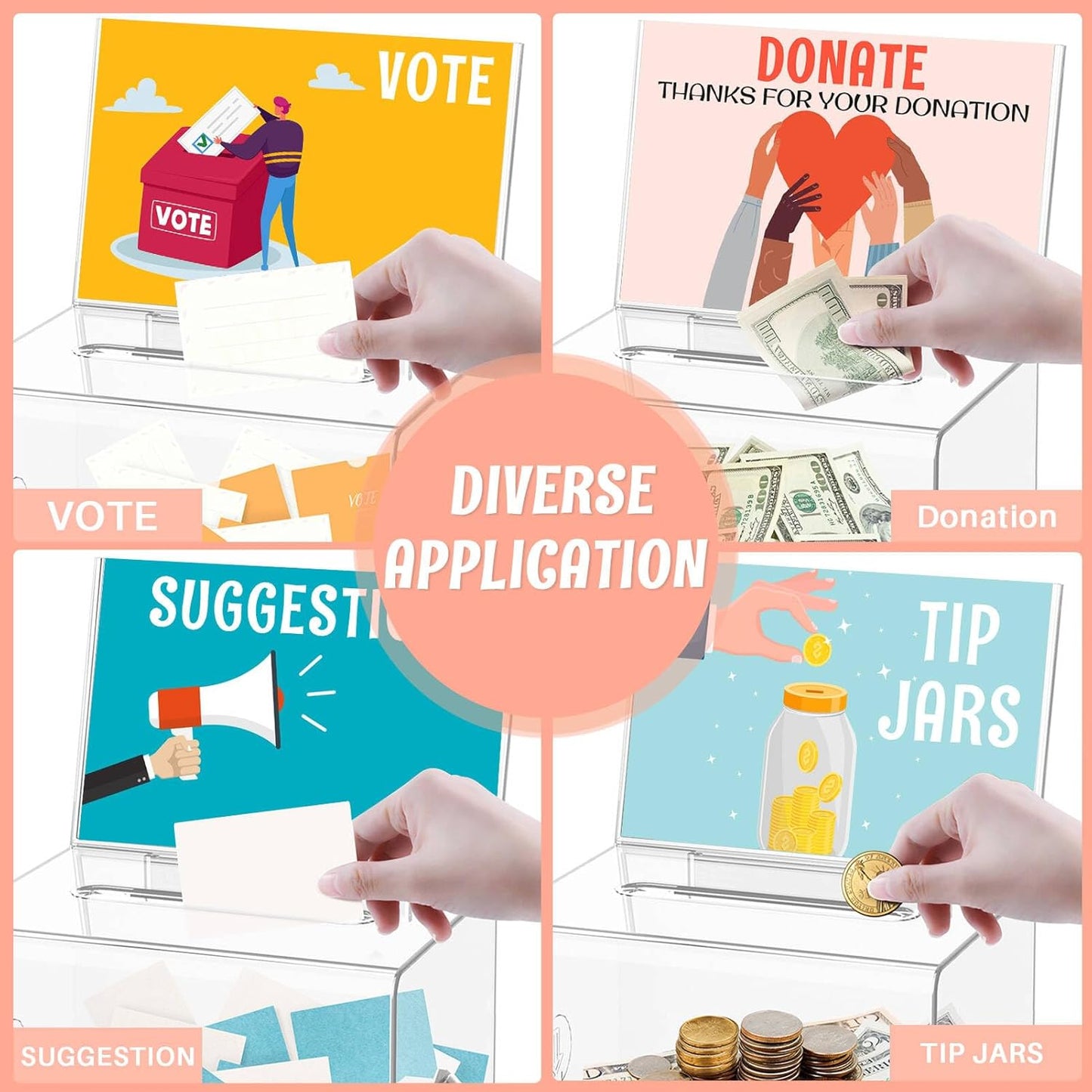 Clear Donation Box with Lock & Sign Holder, Versatile for Fundraising, Ballot Voting, Suggestions, and Tips Jar, Secure Storage Design, Size 6.2x4.6x4.0 Inch, Clear 2 Pack
