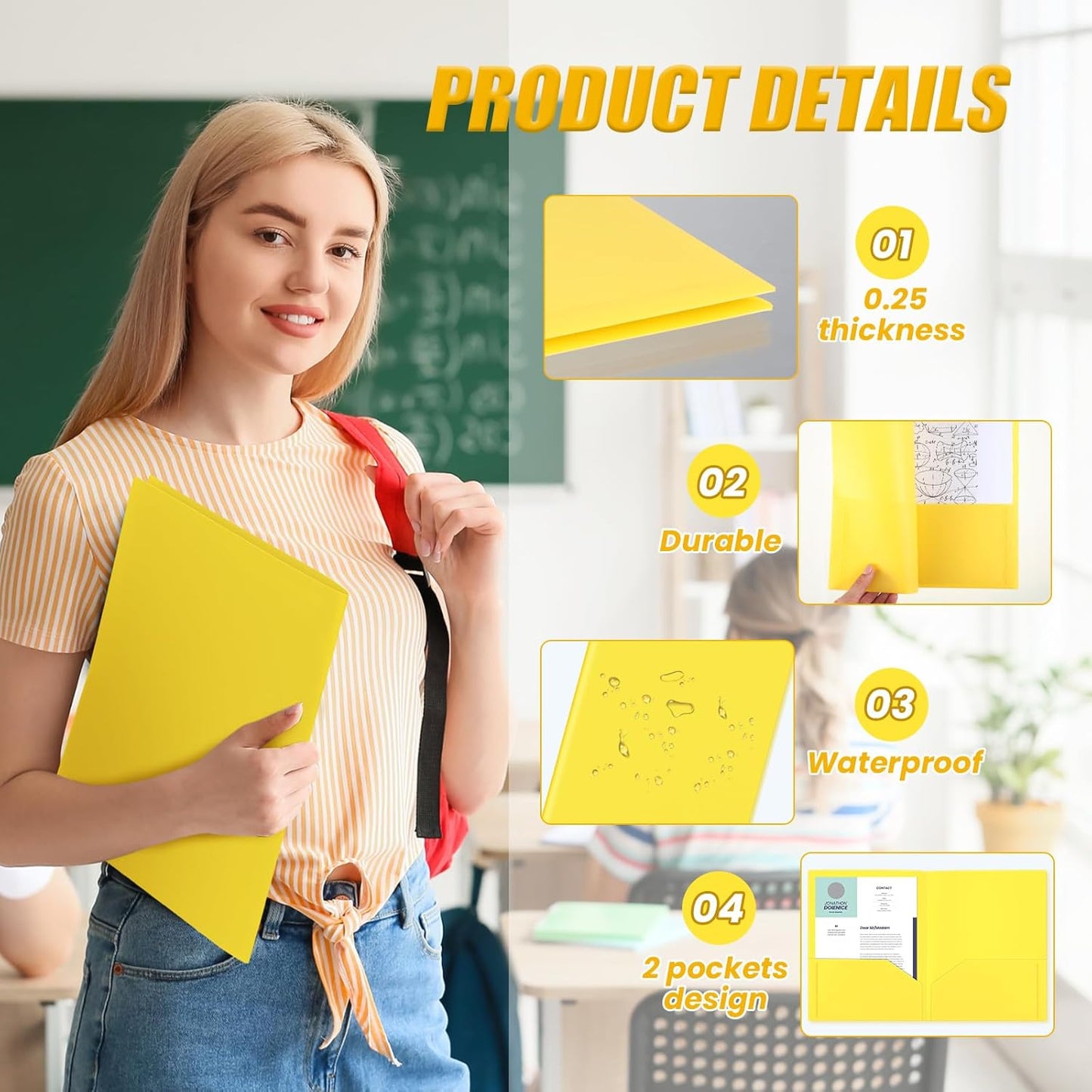 Gueevin 24 Pcs Plastic Folders with Pockets, Back to School Two Pocket Folder Fit Letter Size, Heavy Duty School Business Card Holder for Home Office, 11. 61 x 9. 45 Inches (Yellow)
