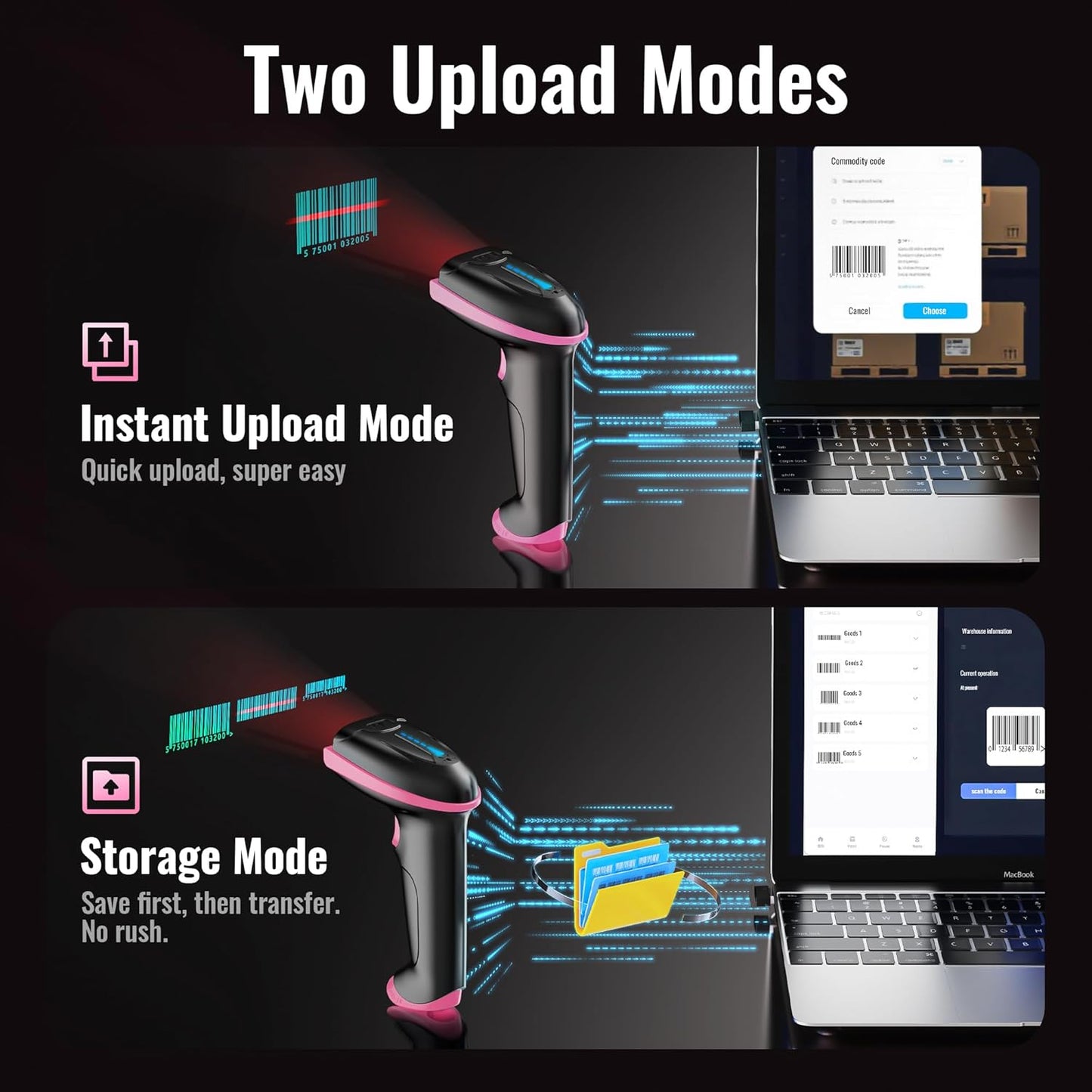 Tera Barcode Scanner Wireless Versatile 2-in-1 (2.4Ghz Wireless+USB 2.0 Wired) with Battery Level Indicator, 328 Feet Transmission Distance Rechargeable 1D Laser Bar Code Reader Handheld 5100 Pink