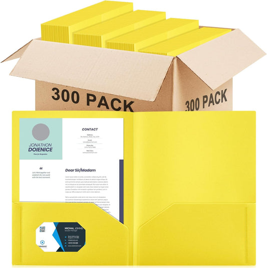 Gueevin 300 Pcs Plastic Folders with Pockets, Two Pocket Folder Fit 8.5 x 11 Inch Letter Size Paper, Heavy Duty School Folders Business Card Holder for Home Office School Bussiness (Yellow)