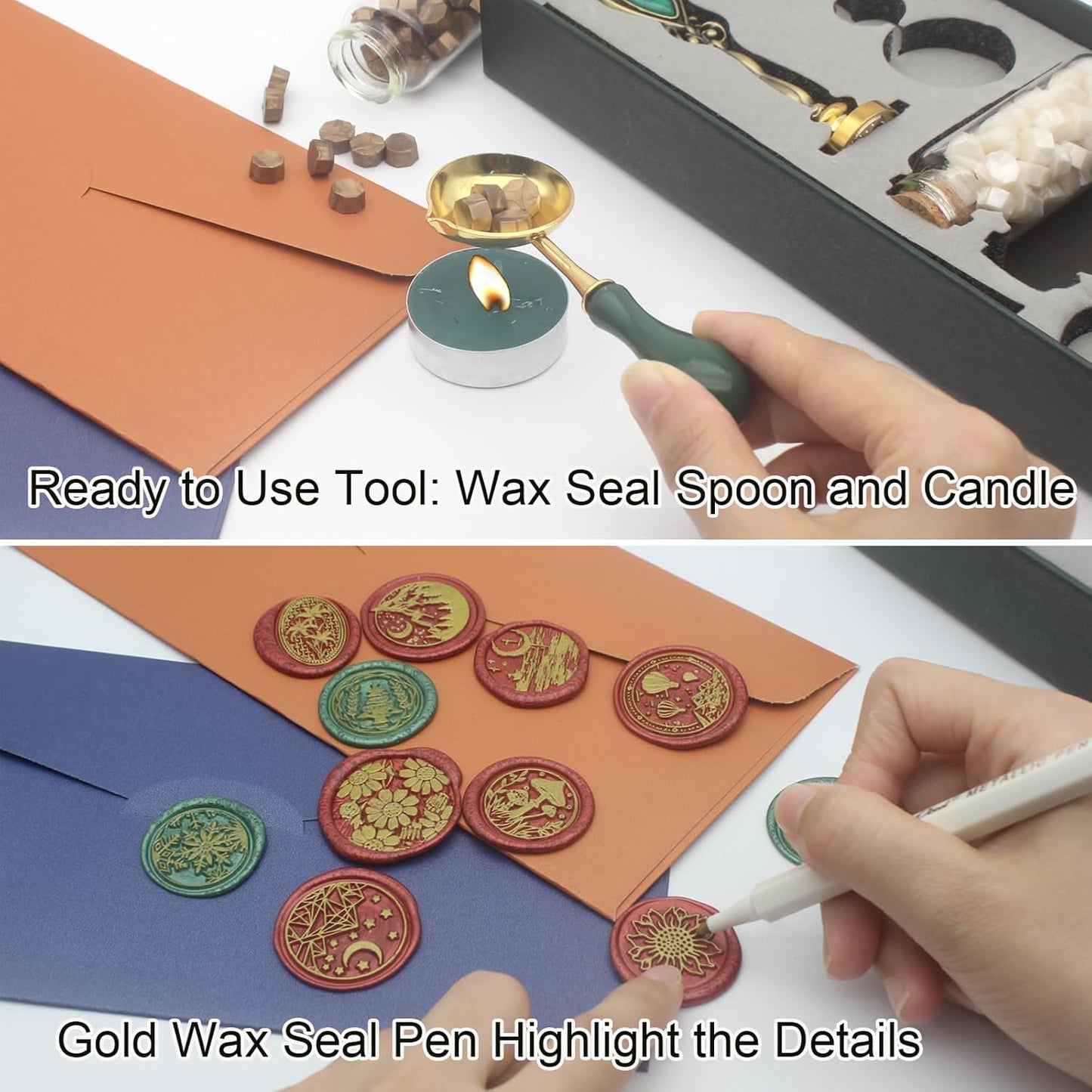 Letter Wax Seal Kit with Initial Alphabet G Wax Seal Stamp Head 3pcs, Pearl White and Vintage Gold Stamp Sealing Beads, Spoon, Metallic Gold & Silver Pen, Vintage Gift Box Set