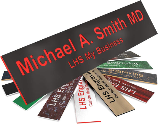 Engraved Name Plates for Door Sign Personalized Black Plastic Plaque with Red Letters - Made in USA 2x10 B19