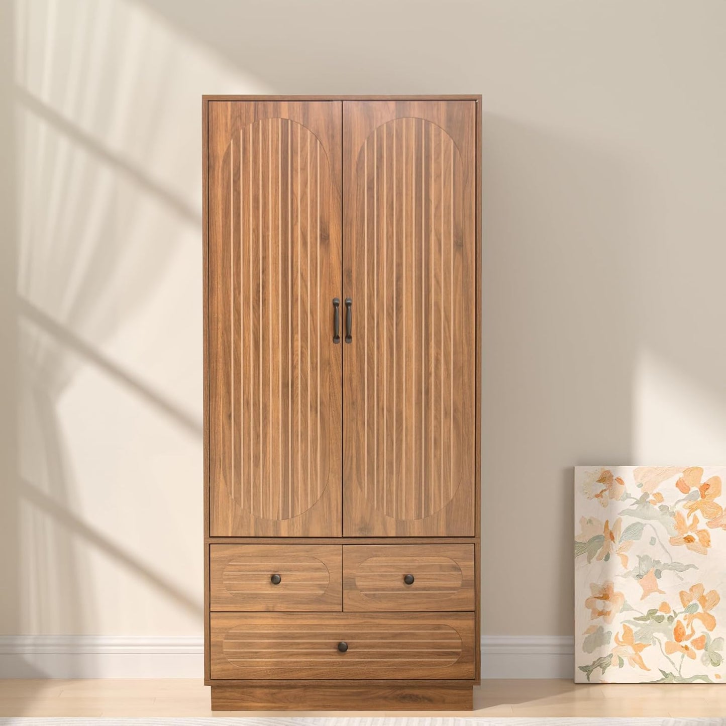 Armoire Wardrobe Closet with Doors, Wardrobe Cabinet with 3 Drawers, Wooden Large Clothing Storage Cabinet with Hanging Rod and Shelf, Mid-Century Modern Tall Closet for Bedroom, Walnut