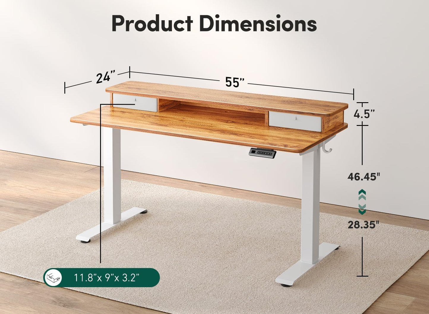 FEZIBO 55 x 24 Inch Height Adjustable Electric Standing Desk with Double Drawer, Computer Desk, Home Office Stand Up Table with 4 Height-Adjustable Feets & 2 Hooks, Light Rustic